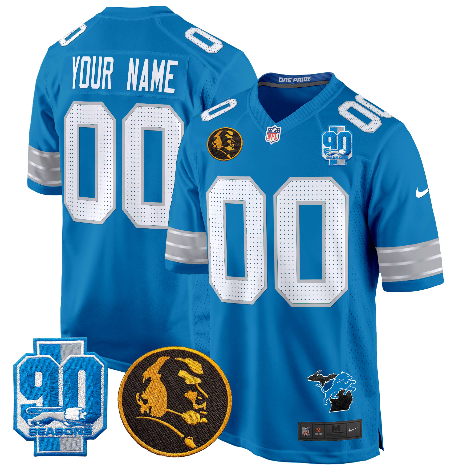 Men's Detroit Lions 2024 90th & John Madden Patch Game Custom Blue Jersey - All Stitched