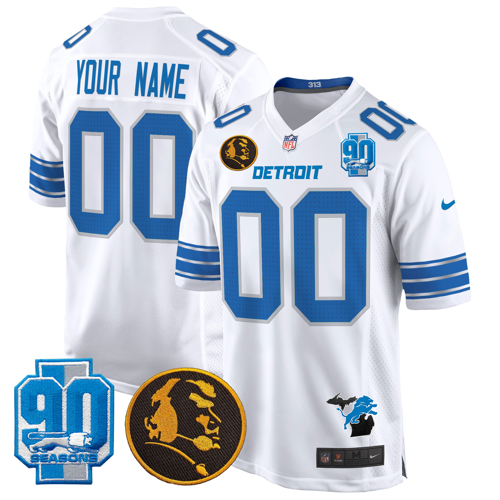 Men's Detroit Lions 2024 90th & John Madden Patch Game Custom White Jersey - All Stitched