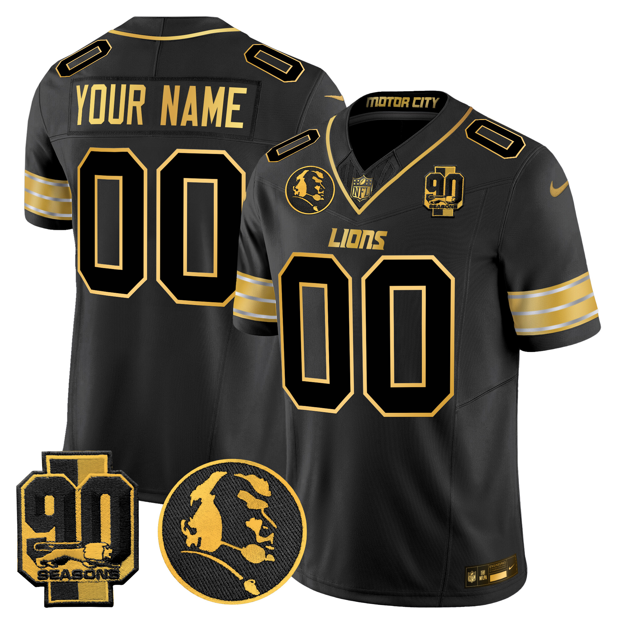 Men's Detroit Lions 2024 90th & John Madden Patch Gold Vapor Limited Custom Black Gold Jersey - All Stitched