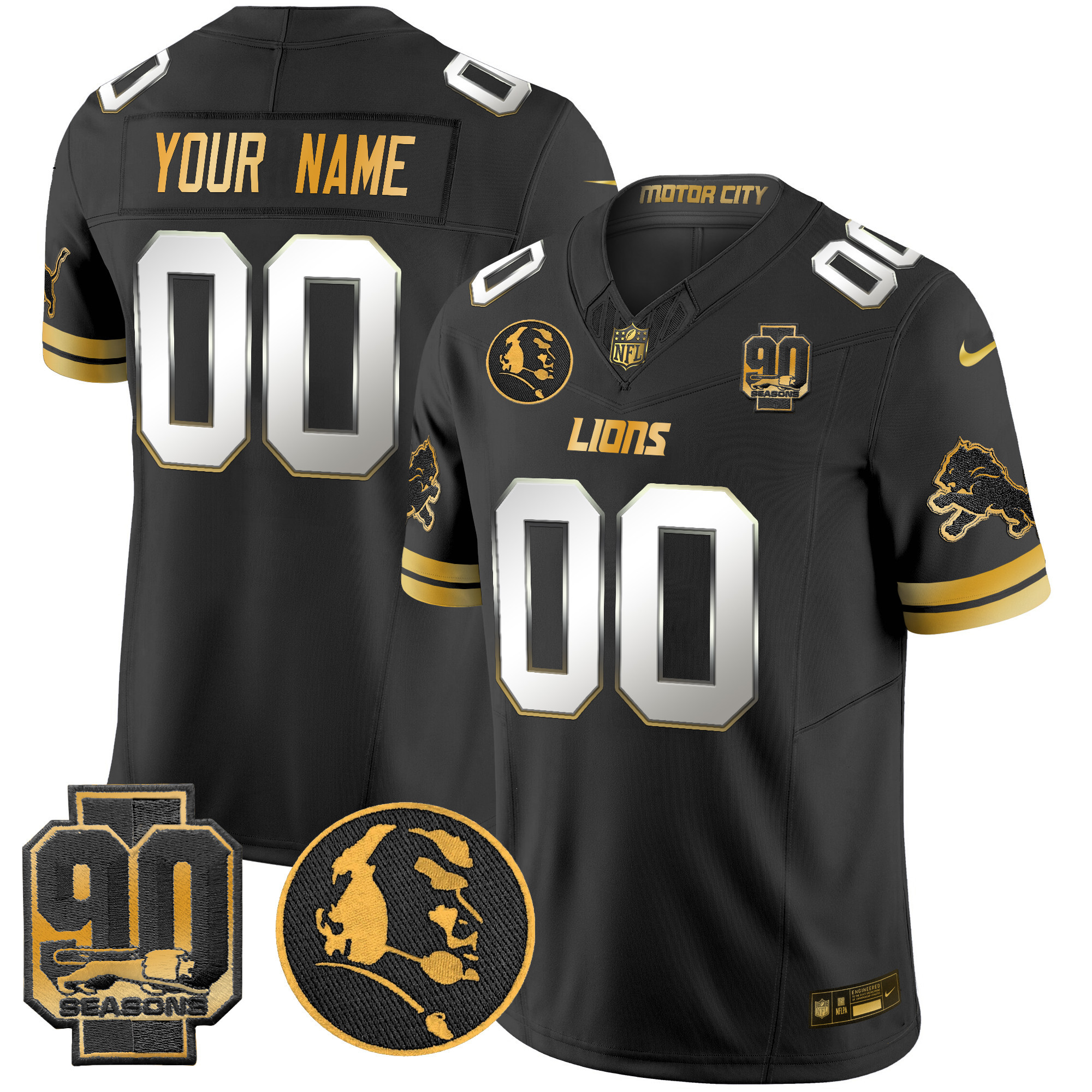 Men's Detroit Lions 2024 90th & John Madden Patch Gold Vapor Limited Custom Black Limited Jersey - All Stitched