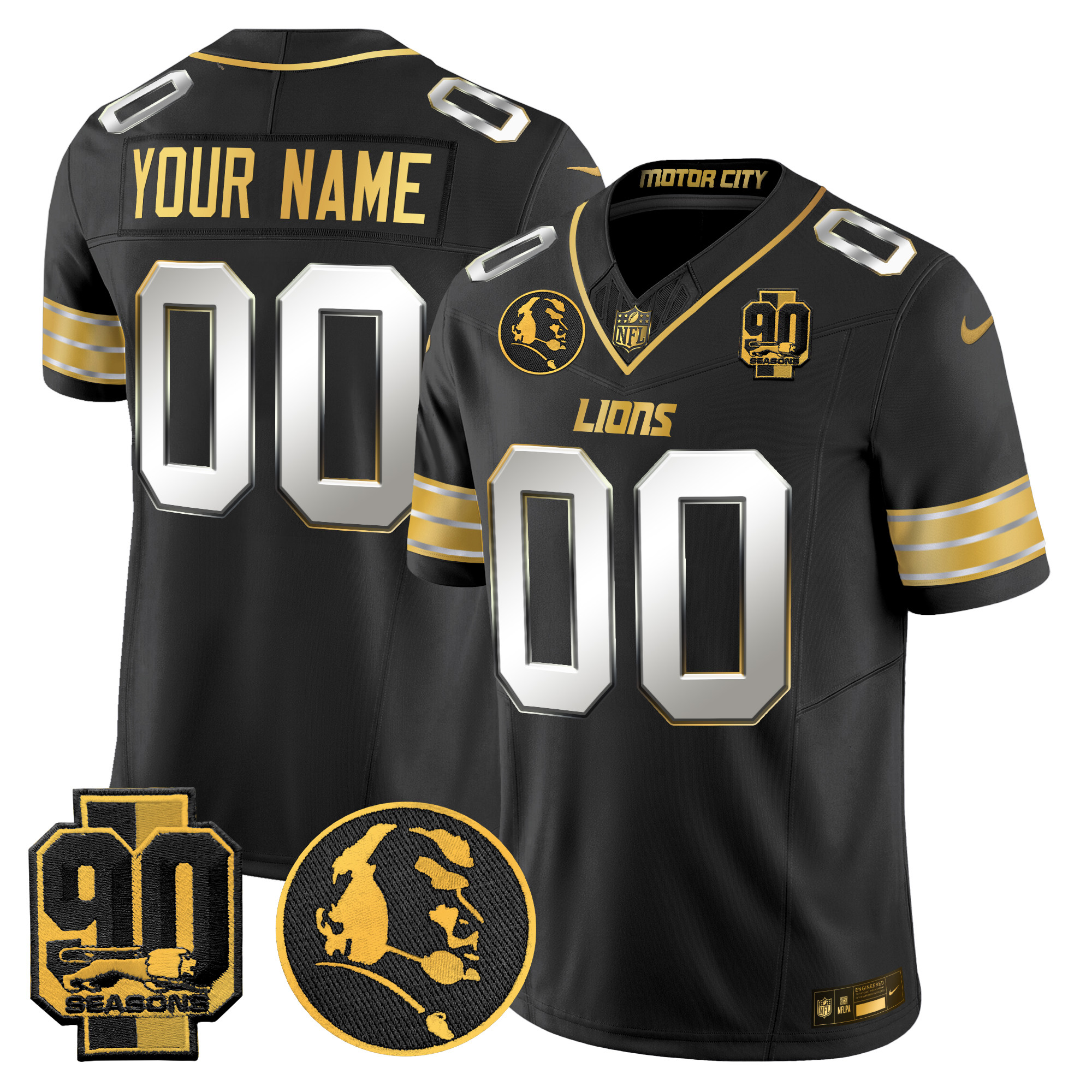 Men's Detroit Lions 2024 90th & John Madden Patch Gold Vapor Limited Custom Black Limited Jersey - All Stitched