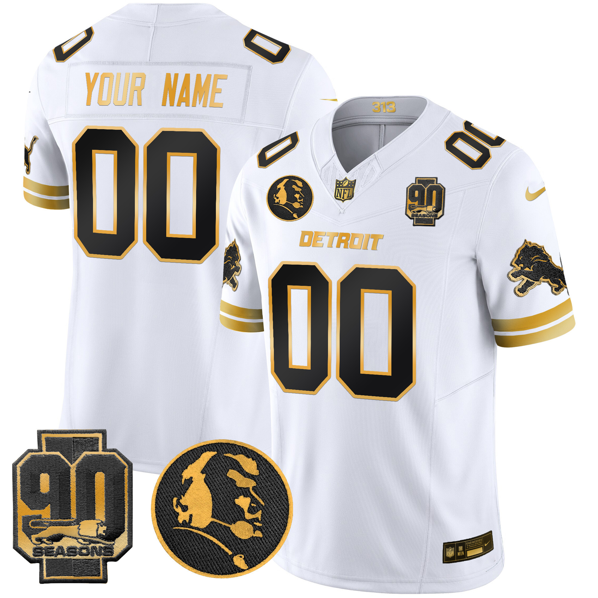 Men's Detroit Lions 2024 90th & John Madden Patch Gold Vapor Limited Custom White Gold Jersey - All Stitched
