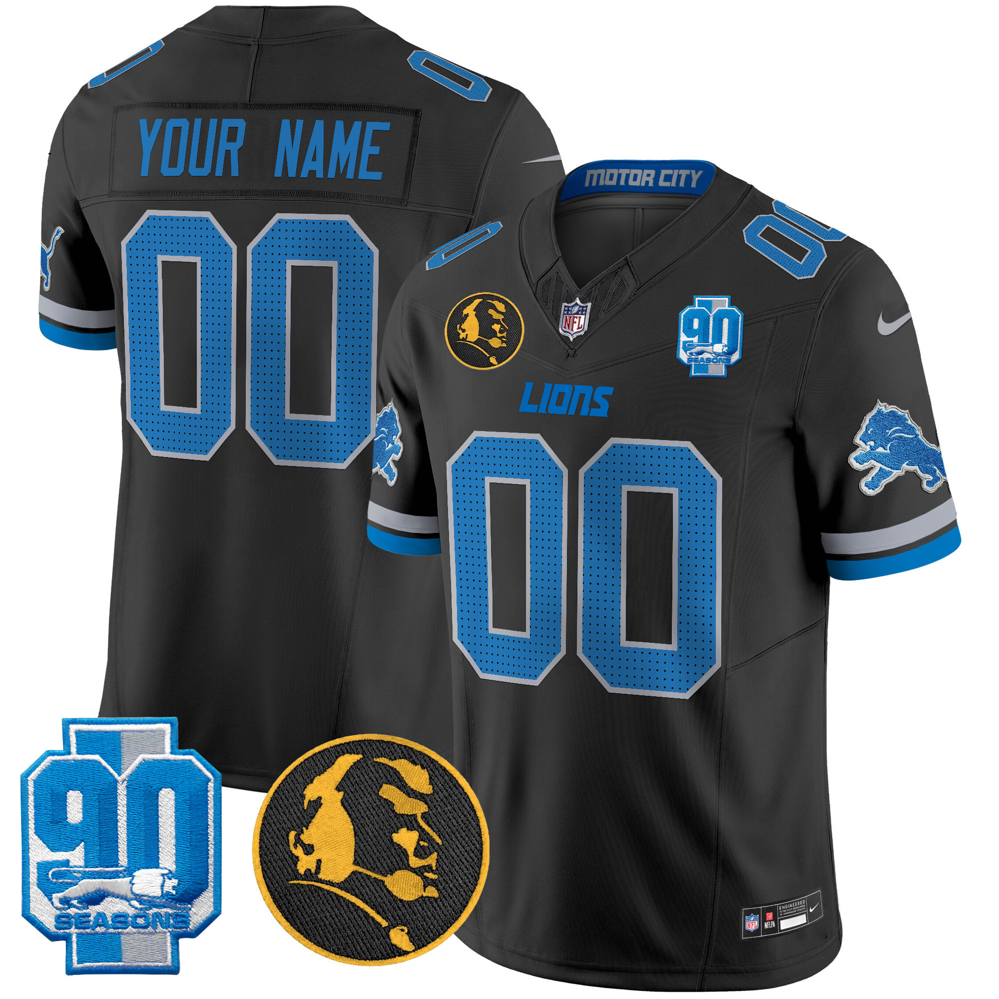 Men's Detroit Lions 2024 90th & John Madden Patch Vapor Limited Custom Black Jersey - All Stitched