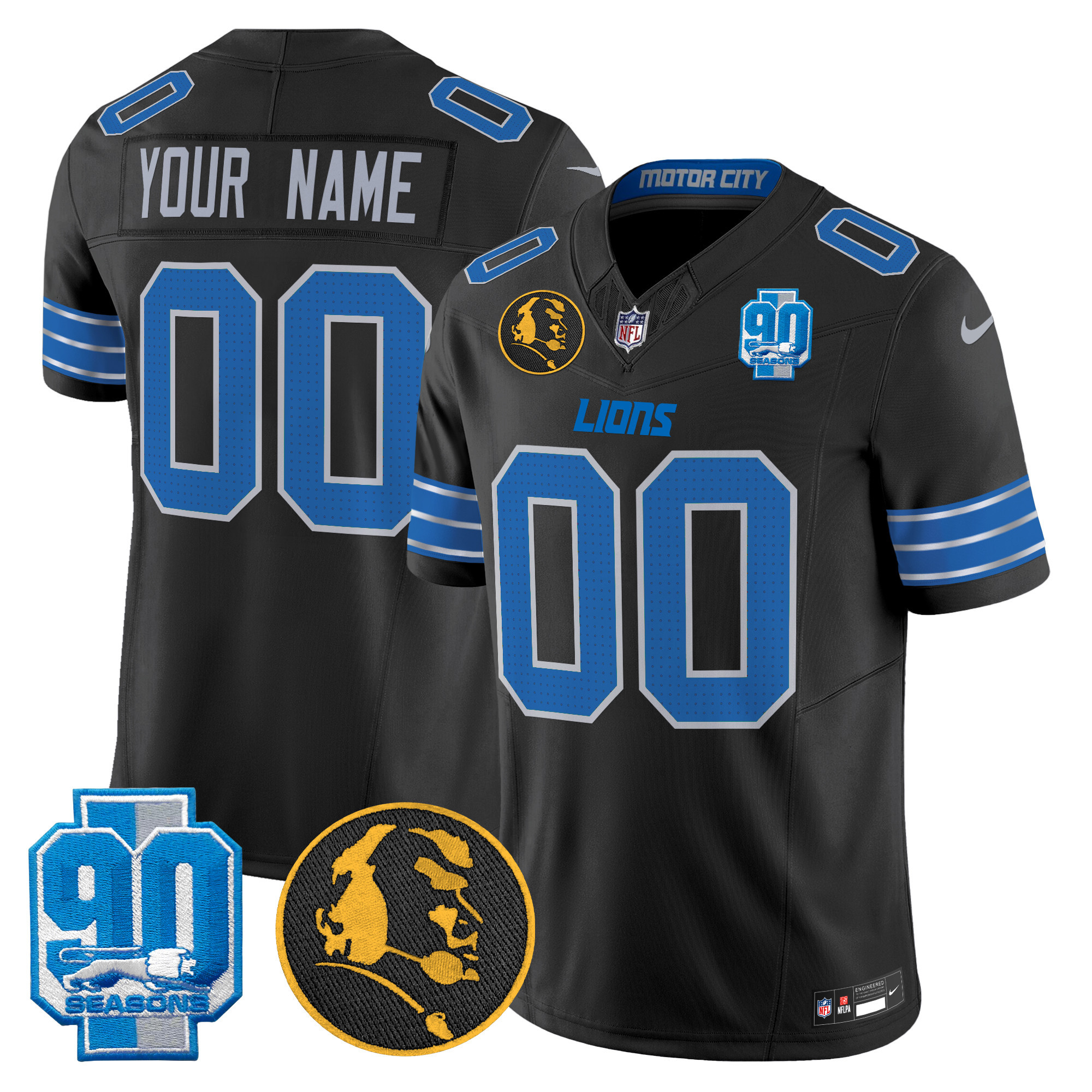 Men's Detroit Lions 2024 90th & John Madden Patch Vapor Limited Custom Black Jersey - All Stitched