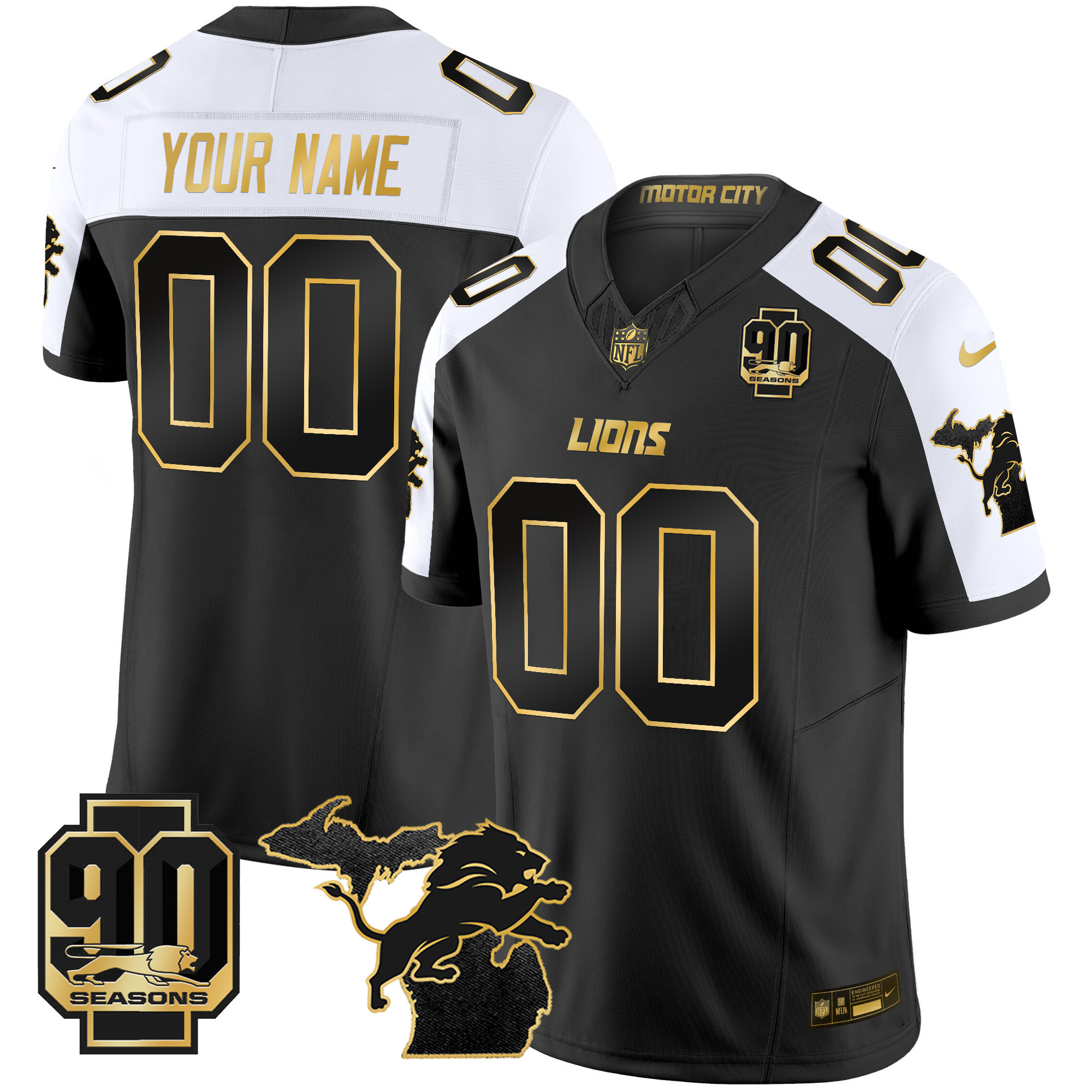Men's Detroit Lions 2024 Michigan & 90th Season Patch Gold Vapor Limited Custom Alternate Jersey - All Stitched