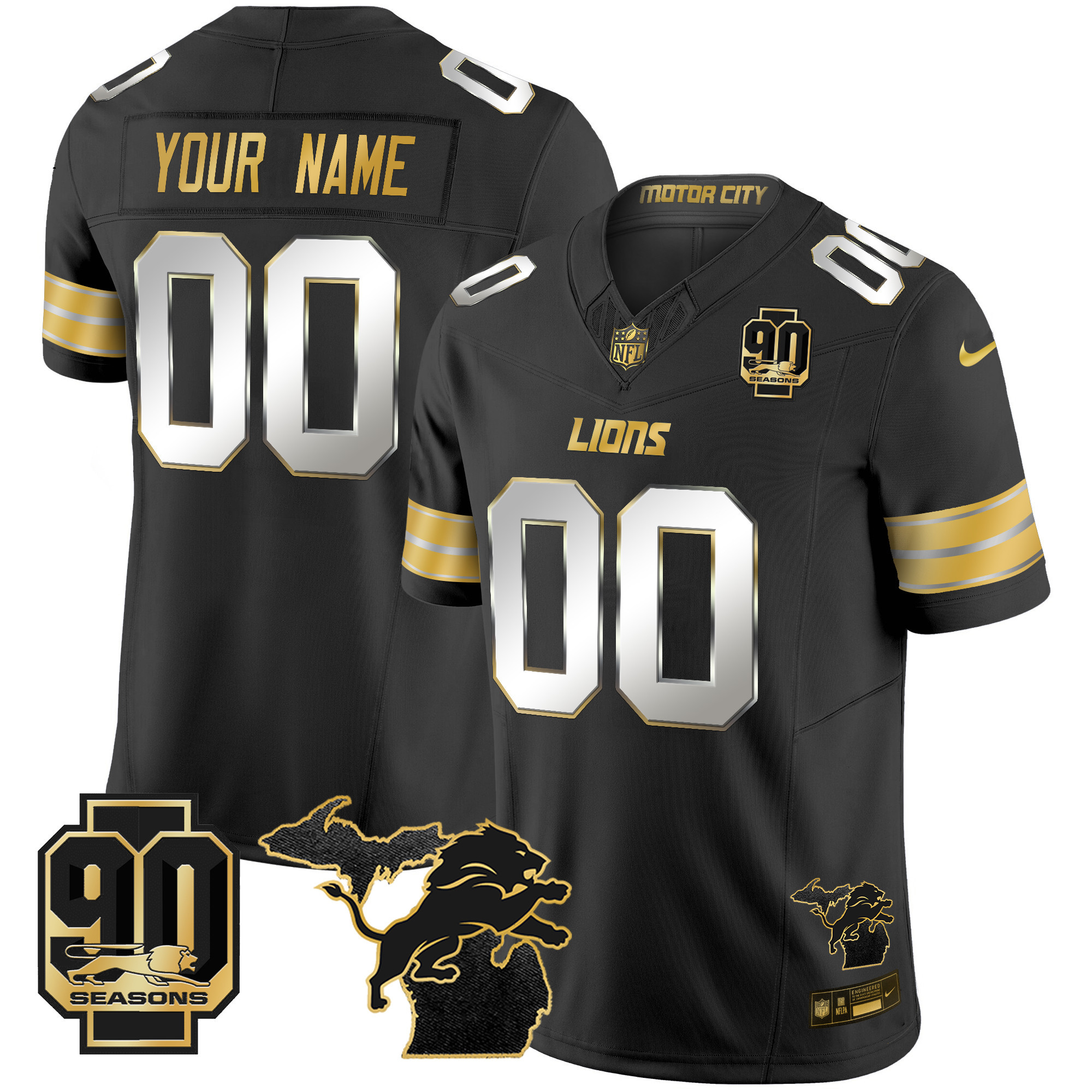 Men's Detroit Lions 2024 Michigan & 90th Season Patch Gold Vapor Limited Custom Black Limited Jersey - All Stitched