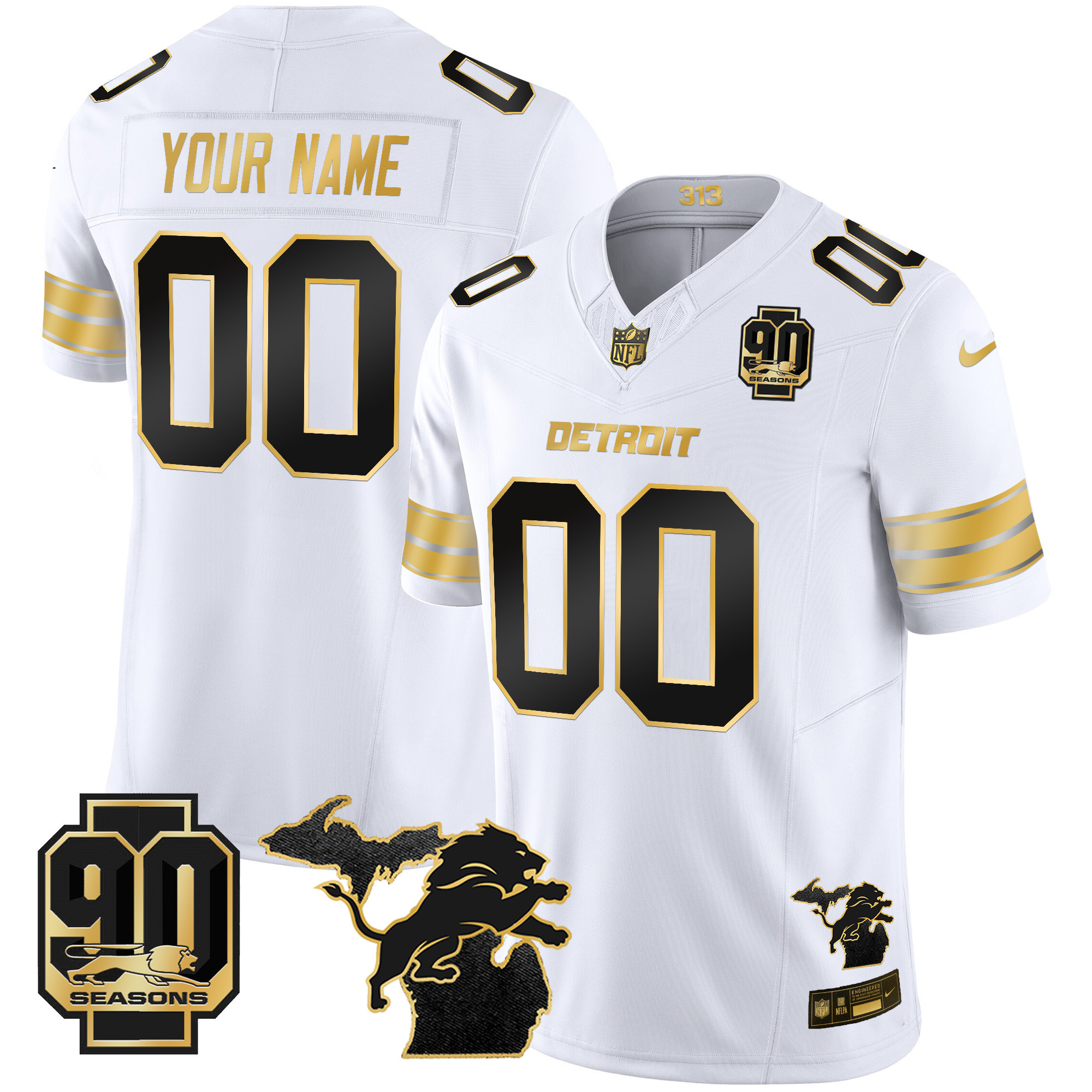 Men's Detroit Lions 2024 Michigan & 90th Season Patch Gold Vapor Limited Custom White Gold Jersey - All Stitched