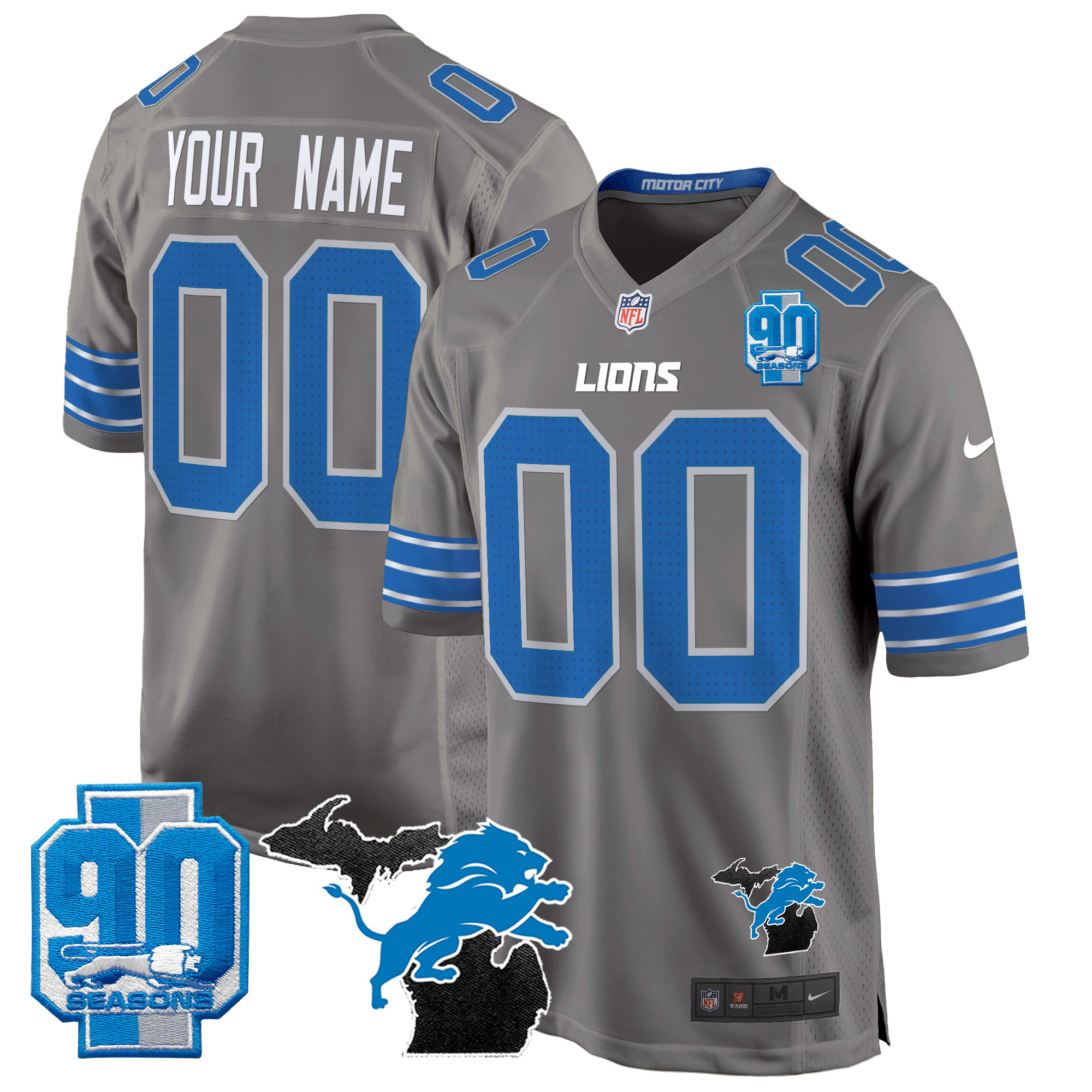 Men's Detroit Lions 2024 Michigan & 90th Year Patch Game Custom Gray Jersey - All Stitched