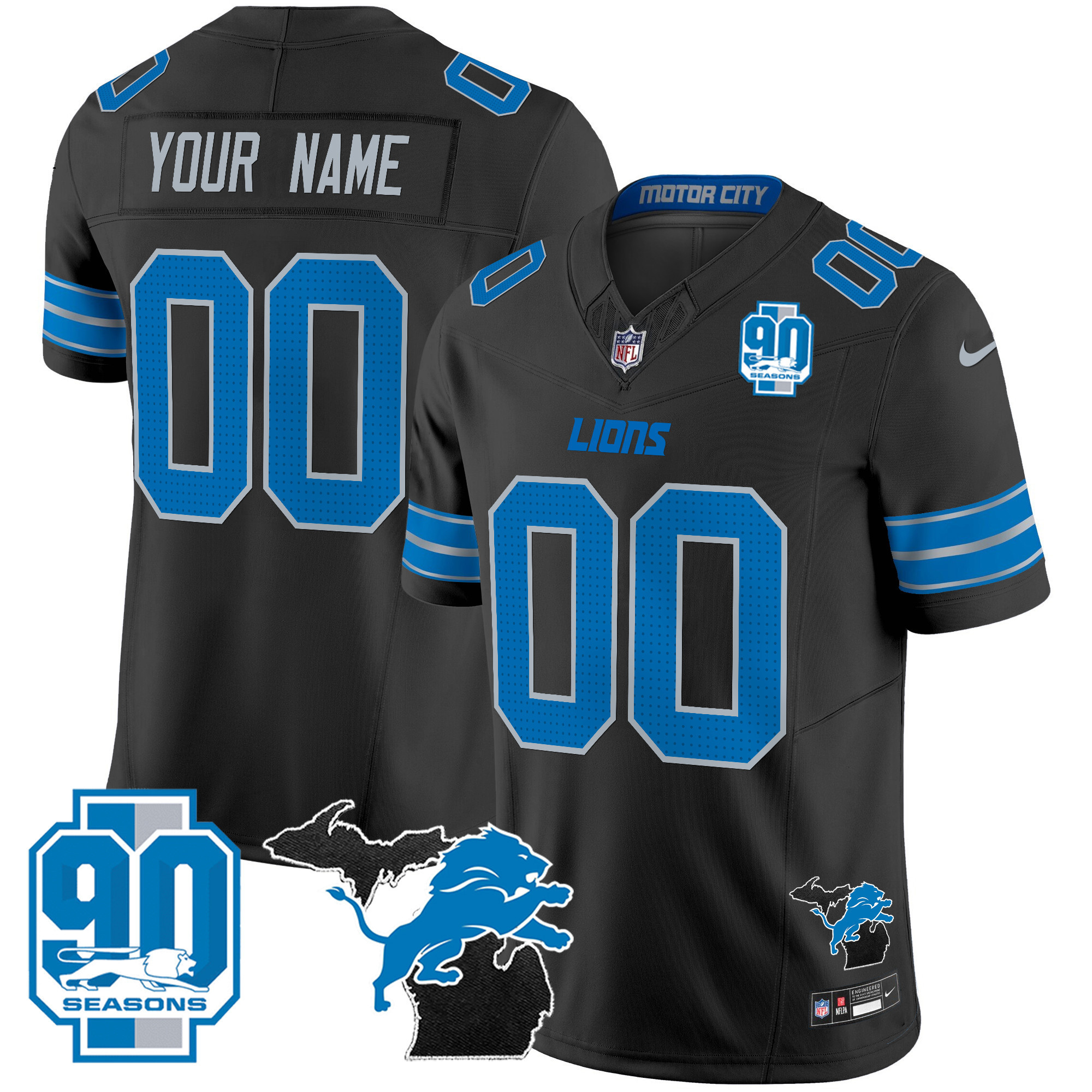 Men's Detroit Lions 2024 Michigan & 90th Year Patch Vapor Custom Black Jersey - All Stitched