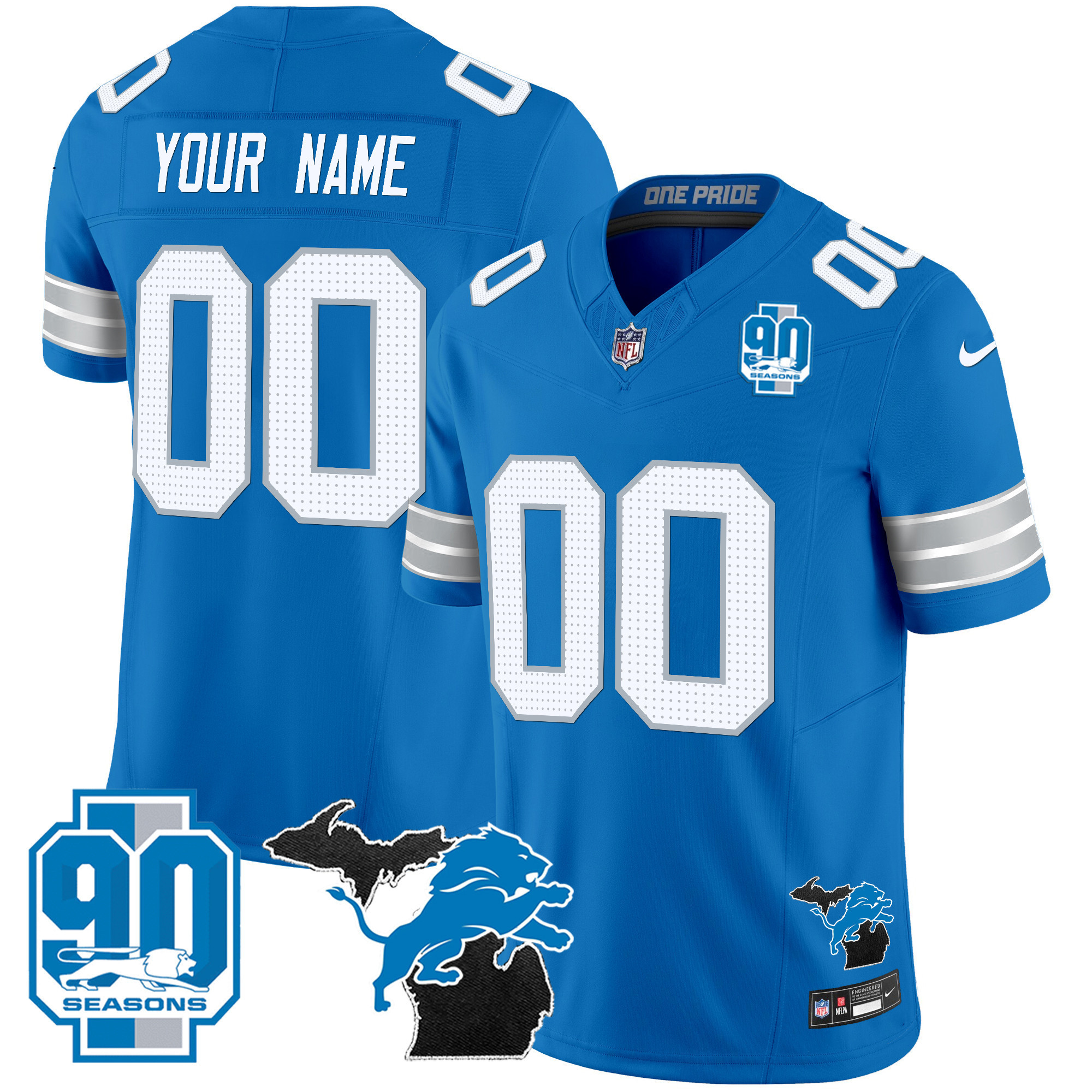 Men's Detroit Lions 2024 Michigan & 90th Year Patch Vapor Custom Blue Jersey - All Stitched