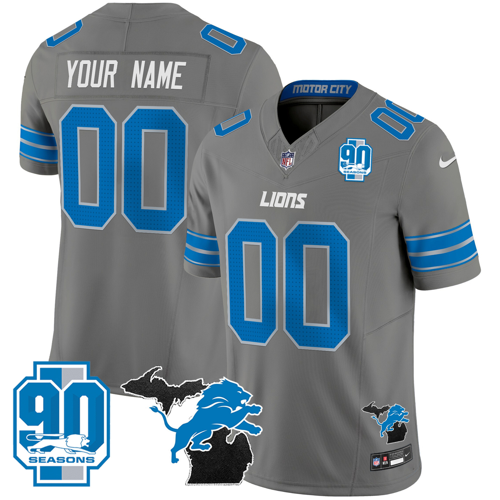 Men's Detroit Lions 2024 Michigan & 90th Year Patch Vapor Custom Gray Jersey - All Stitched