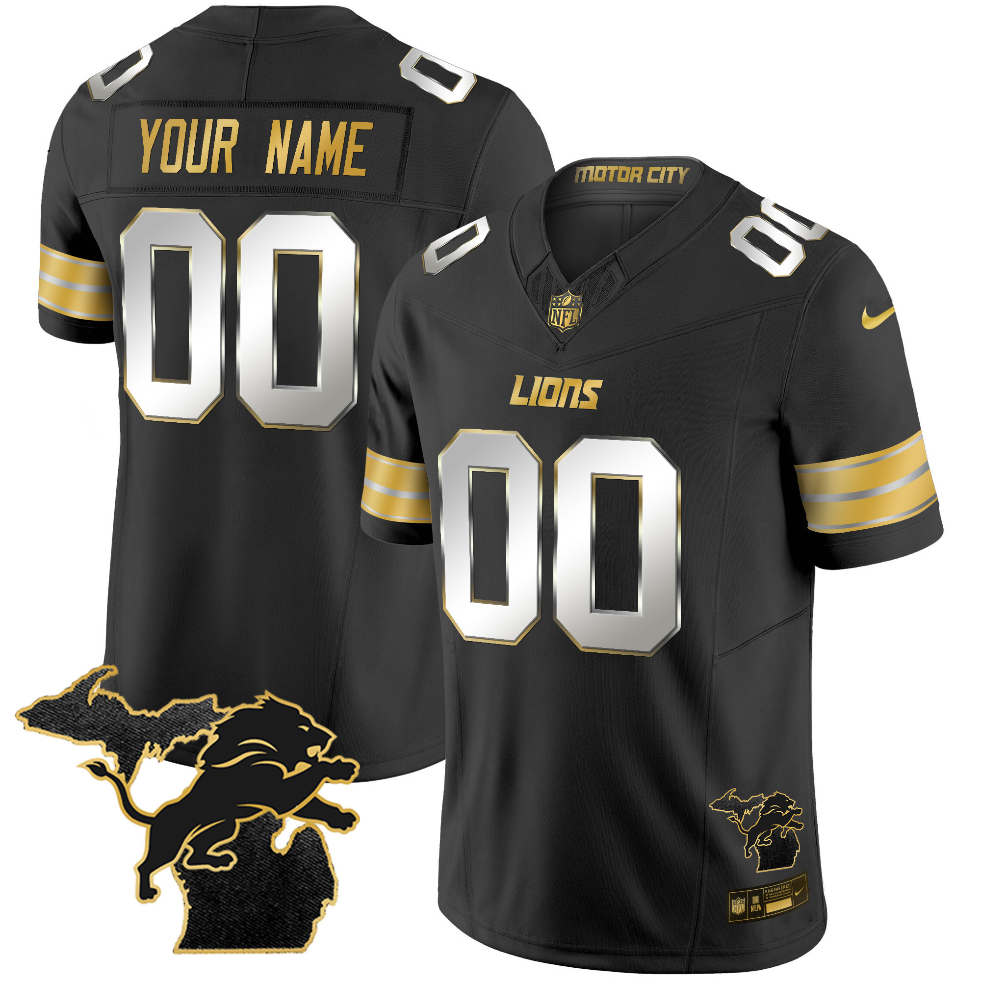 Men's Detroit Lions 2024 Michigan Patch Gold Vapor Custom Black Limited Jersey - All Stitched
