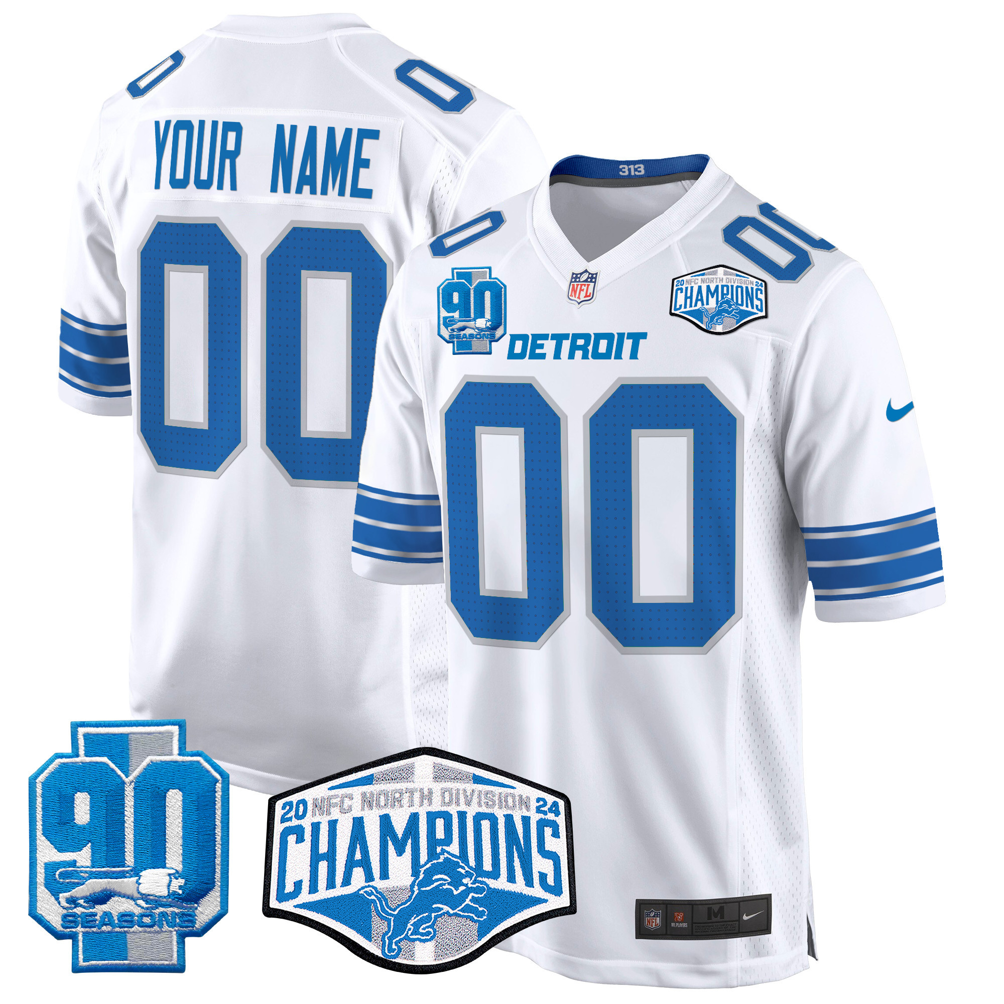 Men's Detroit Lions 2024 NFC North Division Champions Patch Game Custom White Jersey - All Stitched