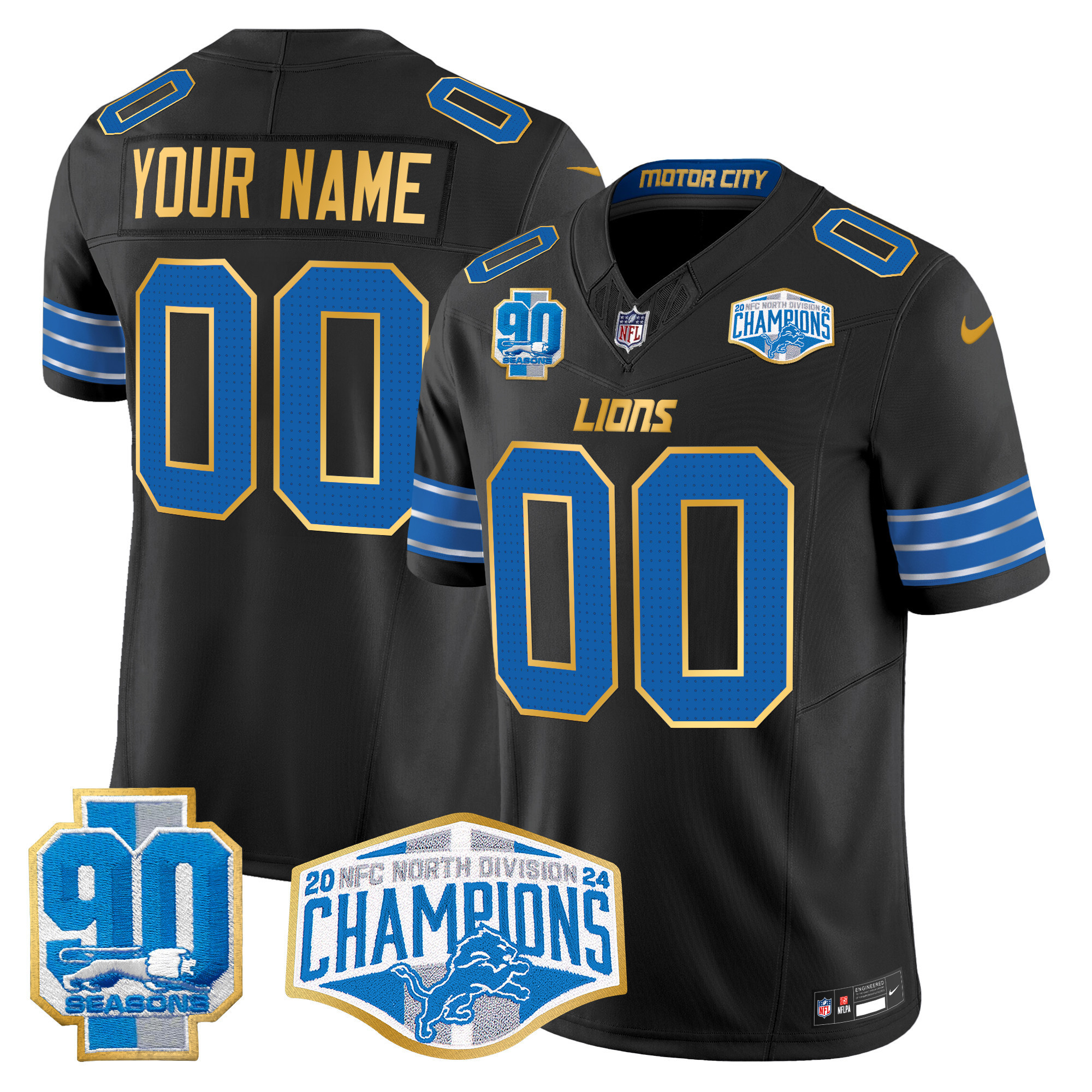 Men's Detroit Lions 2024 NFC North Division Champions Patch Gold Trim Vapor Limited Custom Black Jersey - All Stitched