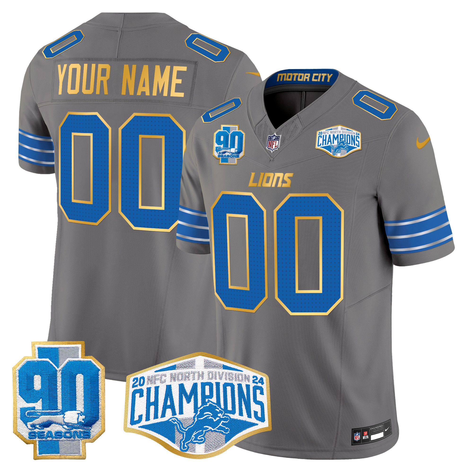 Men's Detroit Lions 2024 NFC North Division Champions Patch Gold Trim Vapor Limited Custom Gray Jersey - All Stitched