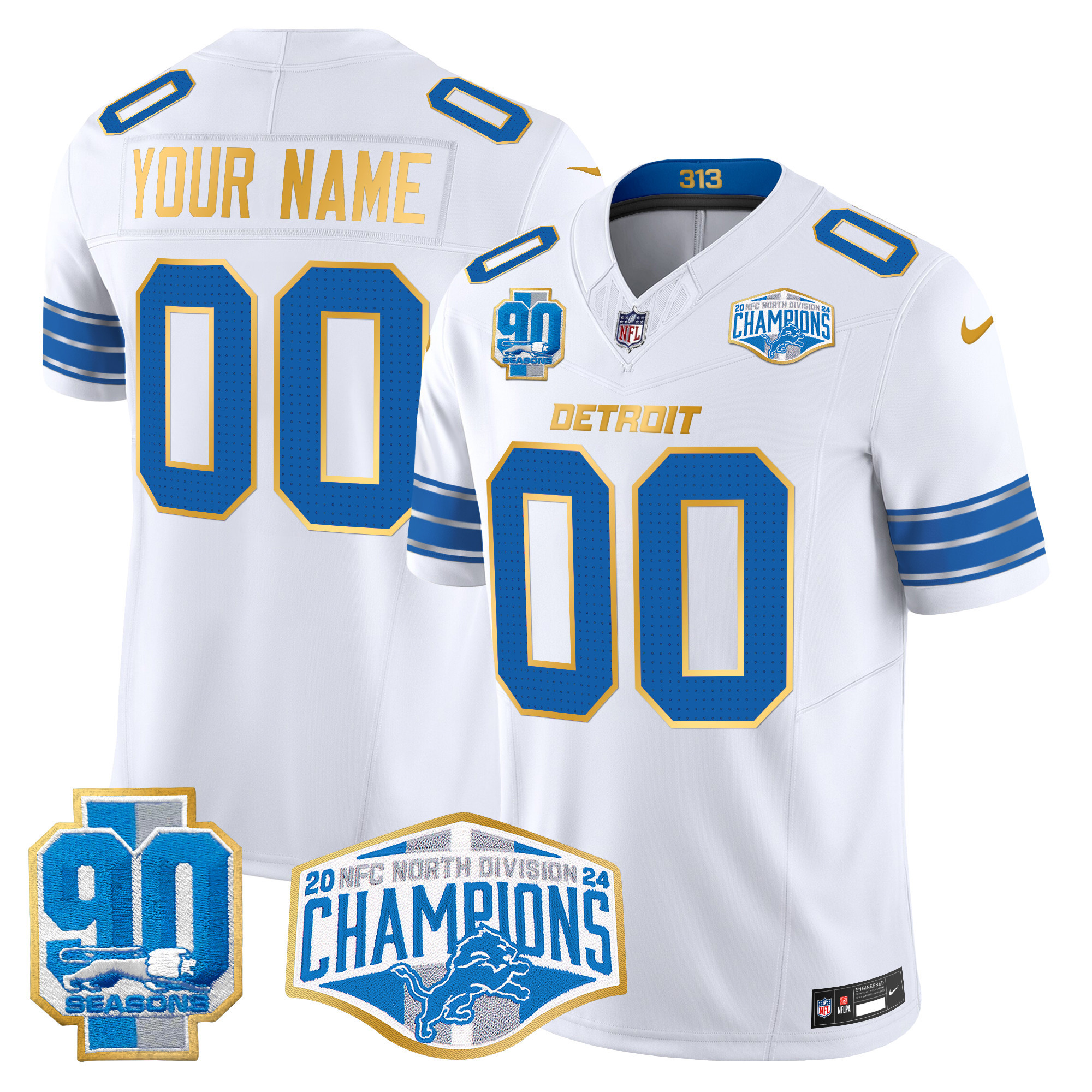 Men's Detroit Lions 2024 NFC North Division Champions Patch Gold Trim Vapor Limited Custom White Jersey - All Stitched