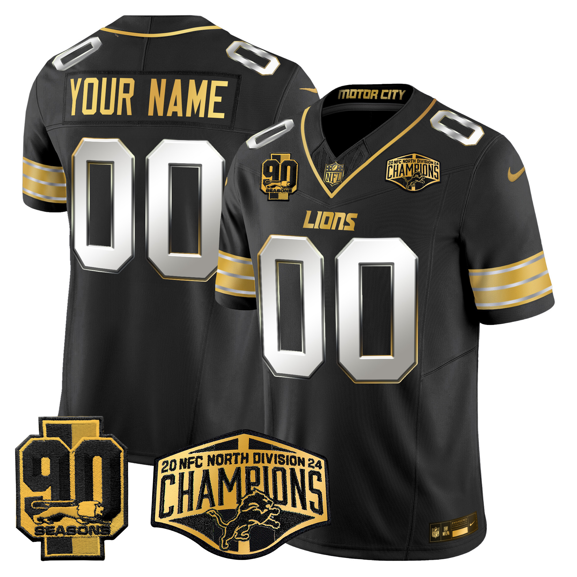 Men's Detroit Lions 2024 NFC North Division Champions Patch Gold Vapor Limited Custom Black Limited Jersey - All Stitched
