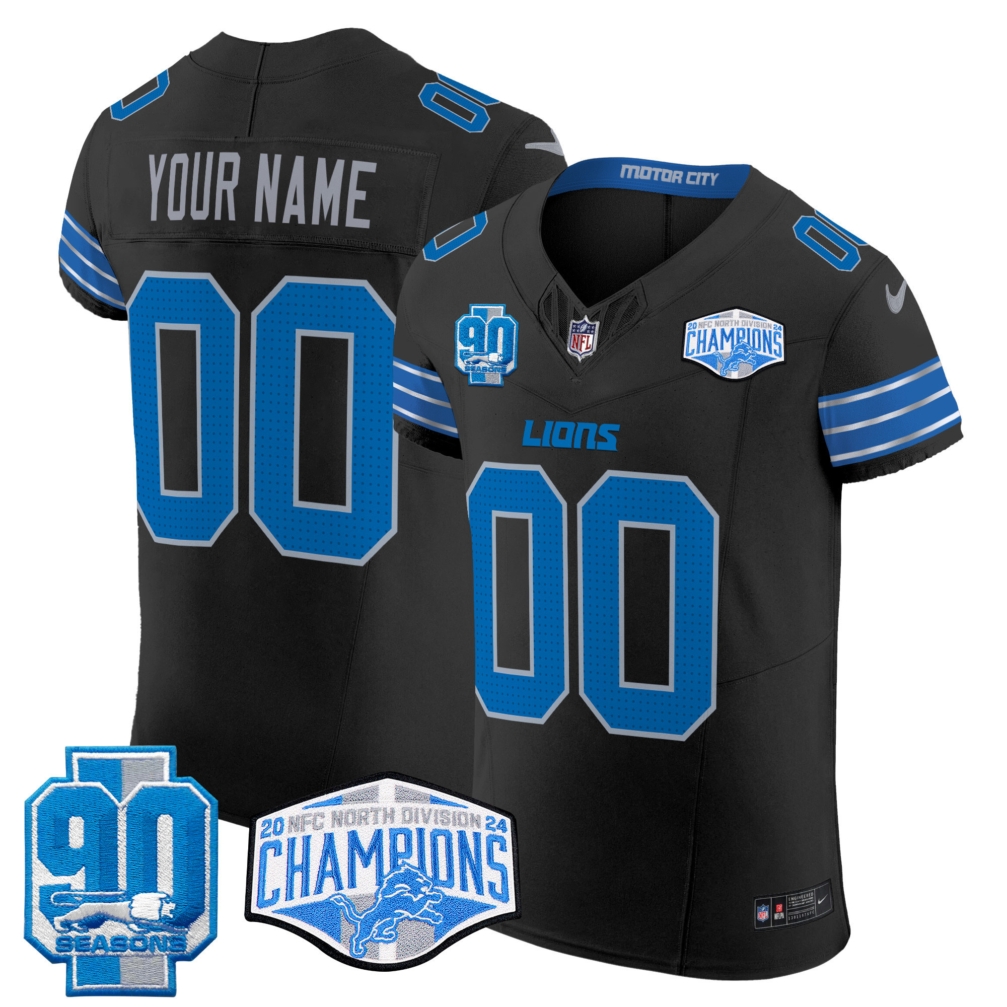 Men's Detroit Lions 2024 NFC North Division Champions Patch Vapor Elite Custom Black Jersey - All Stitched