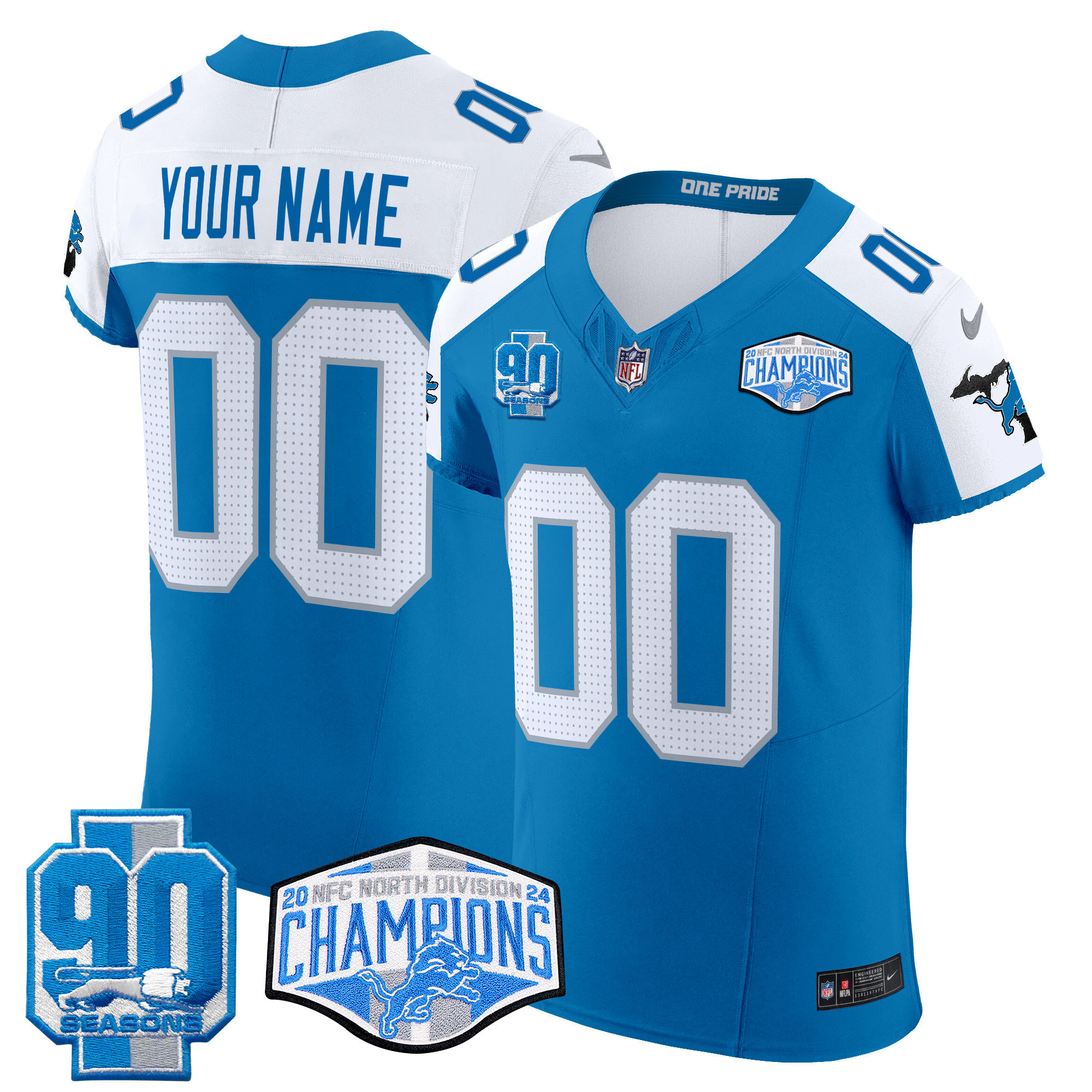 Men's Detroit Lions 2024 NFC North Division Champions Patch Vapor Elite Custom Blue Alternate Jersey - All Stitched