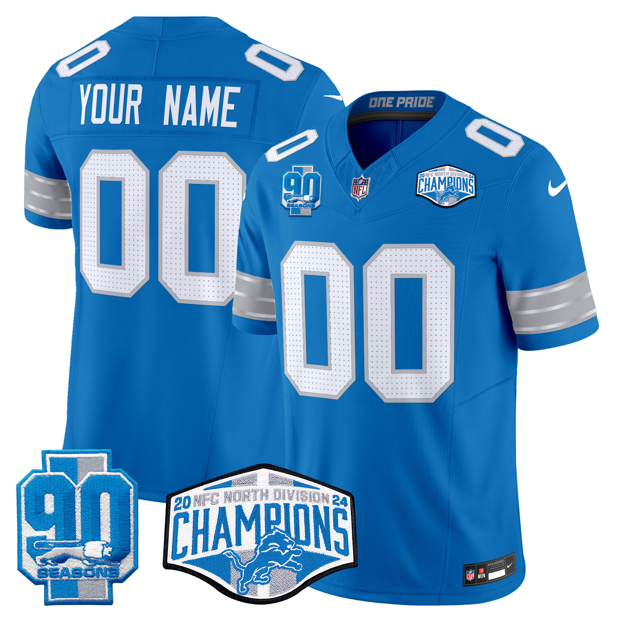 Men's Detroit Lions 2024 NFC North Division Champions Patch Vapor Limited Custom Blue Jersey - All Stitched