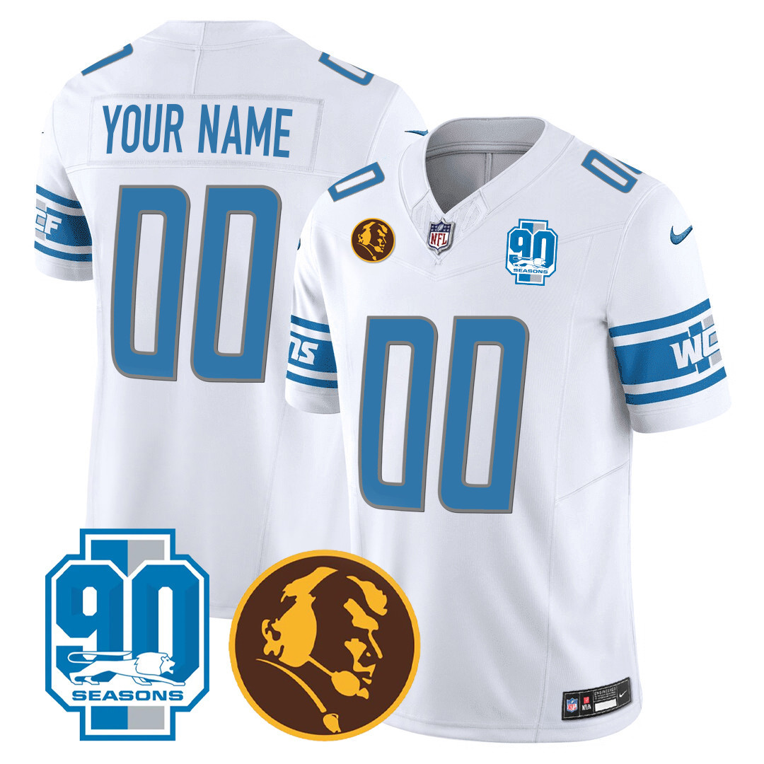 Men's Detroit Lions 90th & John Madden Patch Custom White Jersey - All Stitched