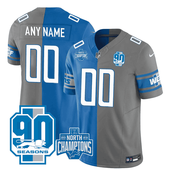 Men's Detroit Lions 90th Season & NFC Champions Patch Split Custom Split Blue - Grey Jersey - All Stitched