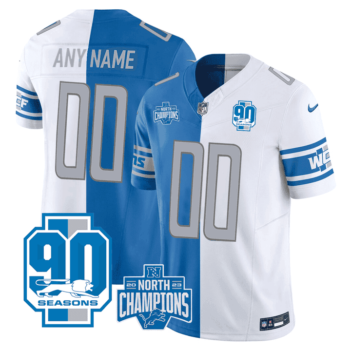 Men's Detroit Lions 90th Season & NFC Champions Patch Split Custom Split Blue - White Jersey - All Stitched