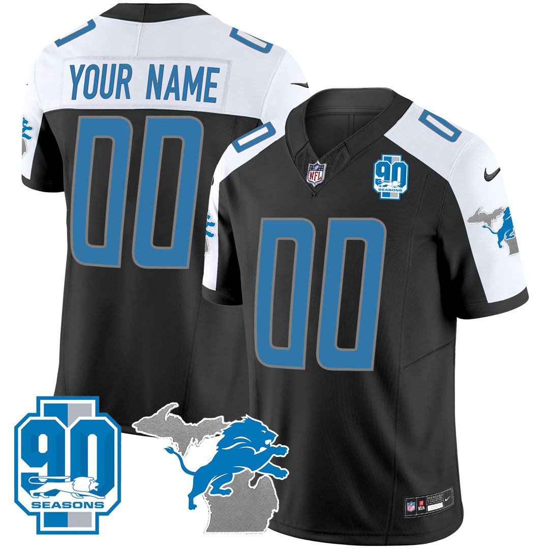 Men's Detroit Lions 90th Year & Michigan Patch Custom Vapor Black Alternate Jersey - All Stitched