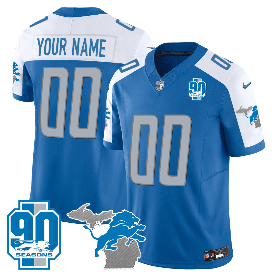 Men's Detroit Lions 90th Year & Michigan Patch Custom Vapor Blue Alternate Jersey - All Stitched