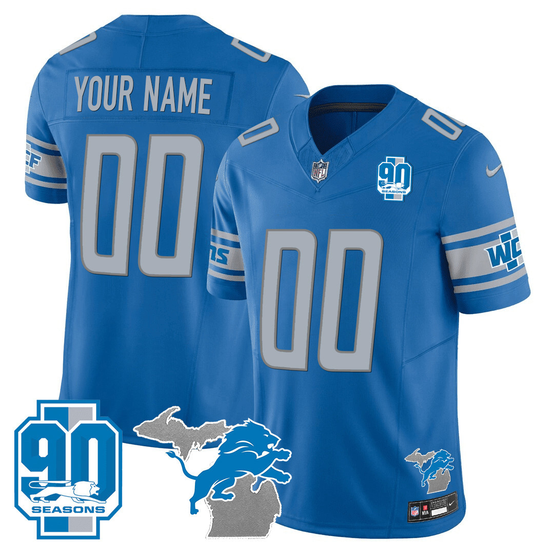 Men's Detroit Lions 90th Year & Michigan Patch Custom Vapor Blue Jersey - All Stitched