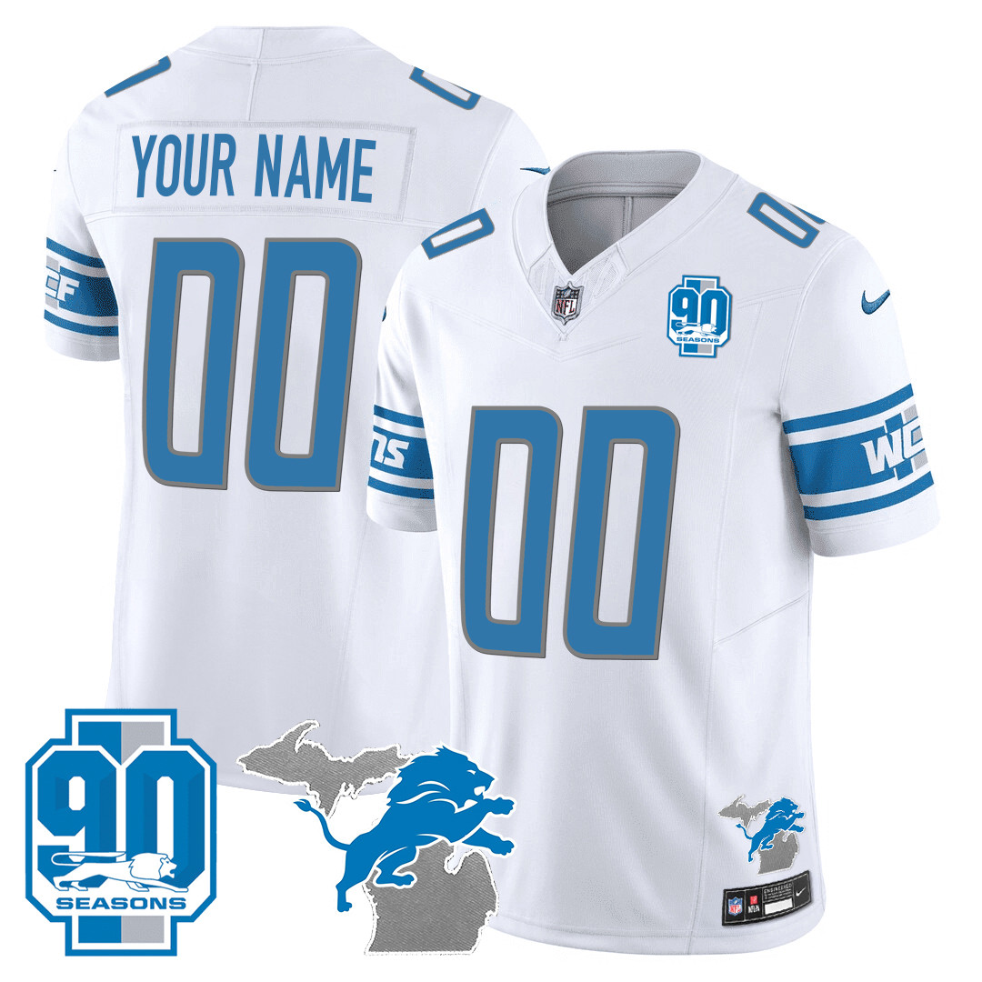 Men's Detroit Lions 90th Year & Michigan Patch Custom Vapor White Jersey - All Stitched