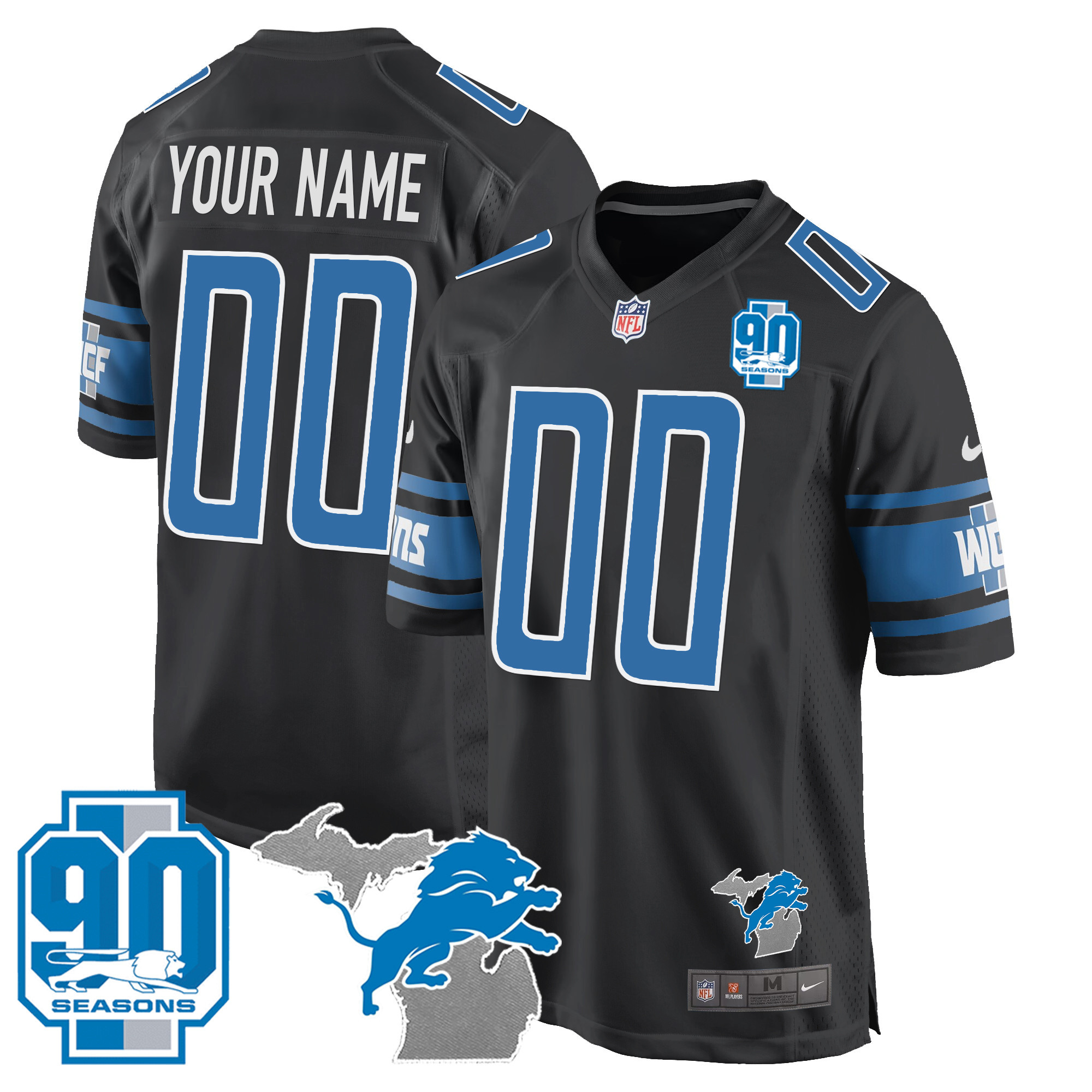 Men's Detroit Lions 90th Year & Michigan Patch Game Custom Black Jersey - All Stitched