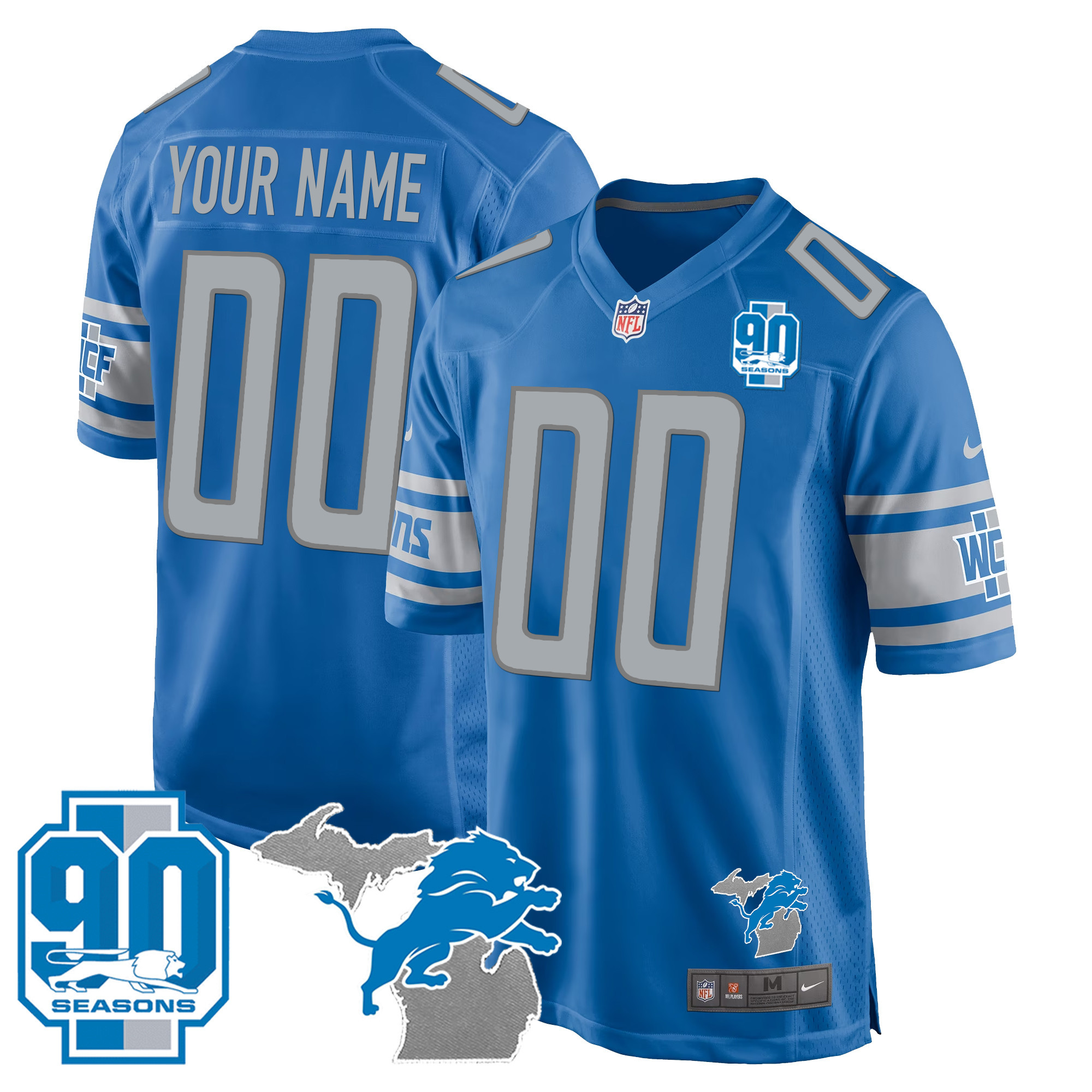 Men's Detroit Lions 90th Year & Michigan Patch Game Custom Blue Jersey - All Stitched