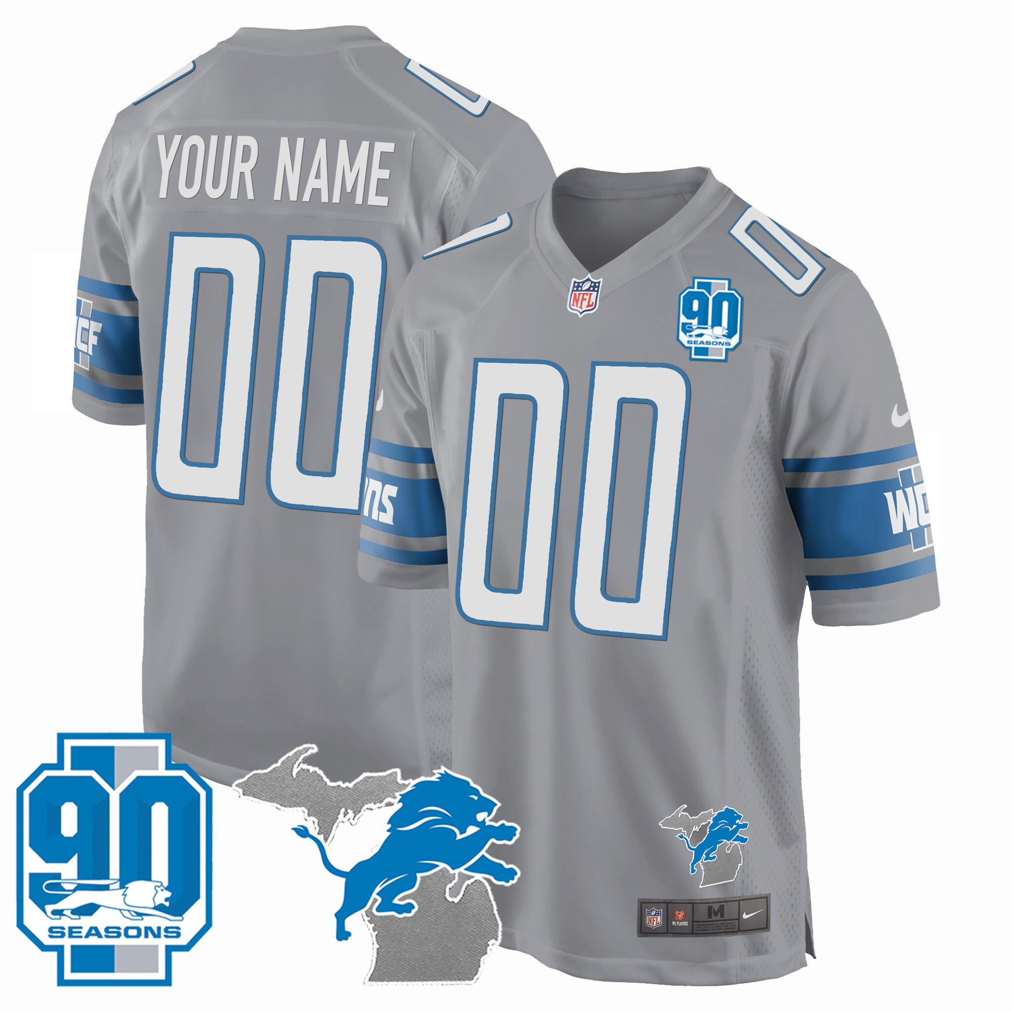 Men's Detroit Lions 90th Year & Michigan Patch Game Custom Gray Jersey - All Stitched