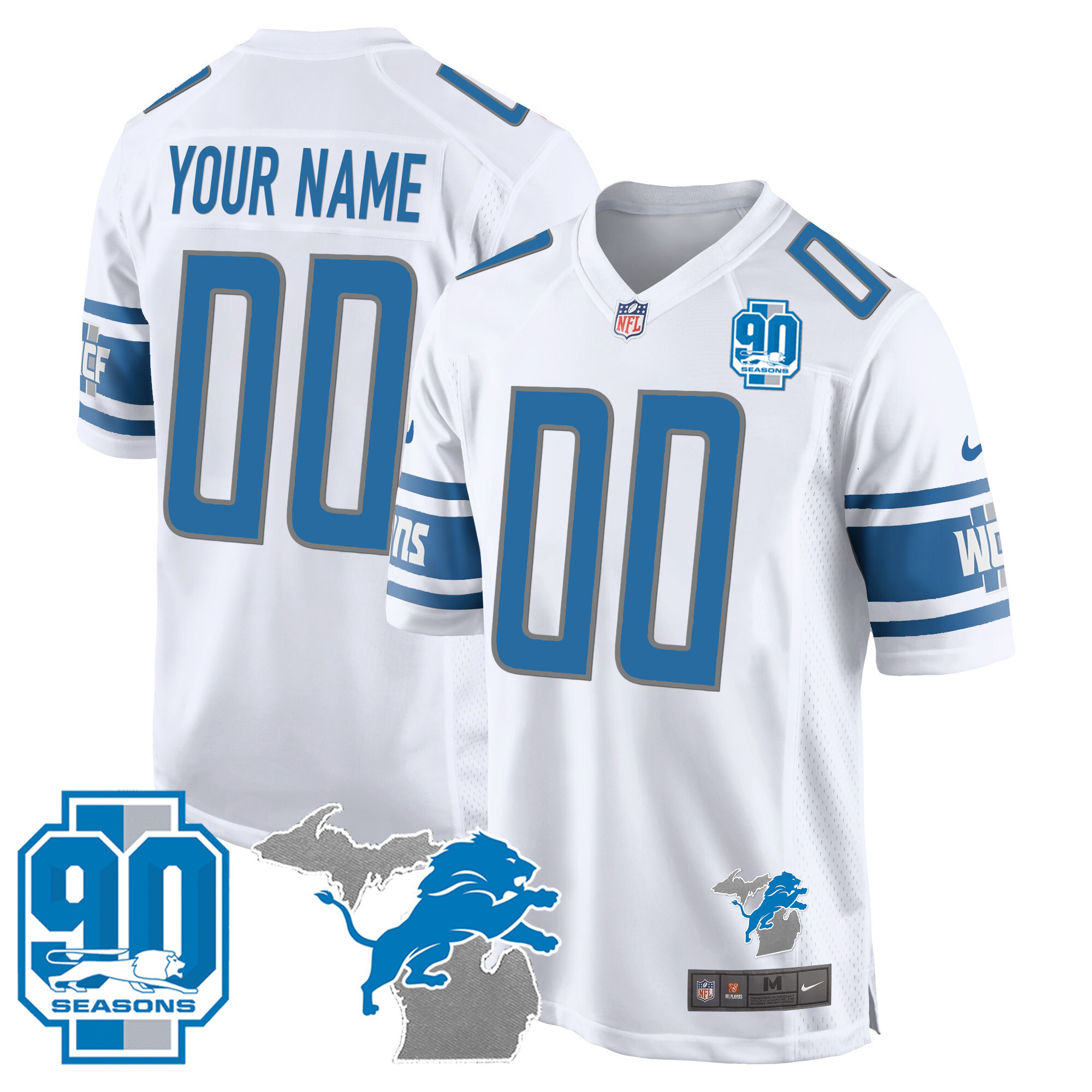 Men's Detroit Lions 90th Year & Michigan Patch Game Custom White Jersey - All Stitched