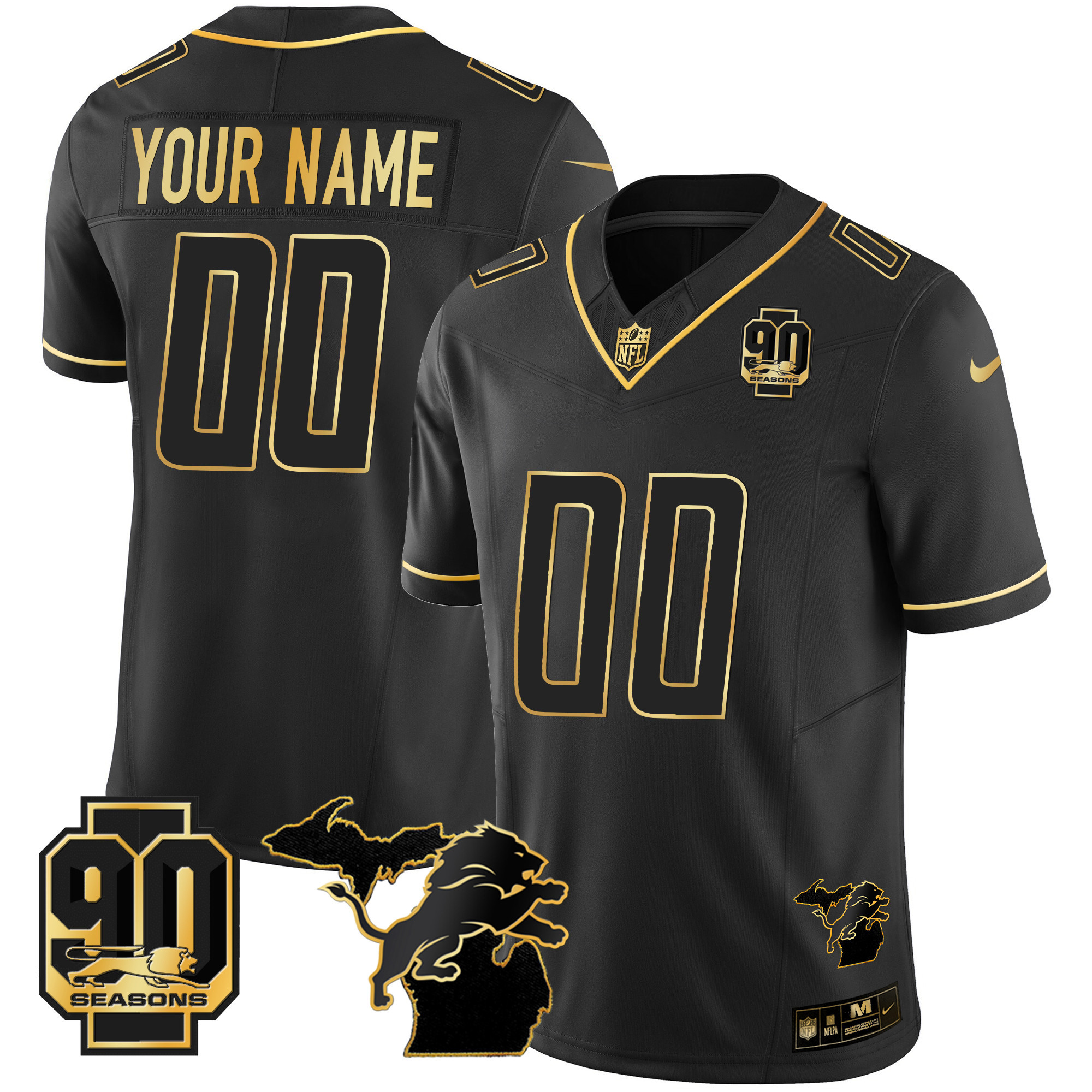 Men's Detroit Lions 90th Year & Michigan Patch Gold Vapor Custom Black Gold Jersey - All Stitched