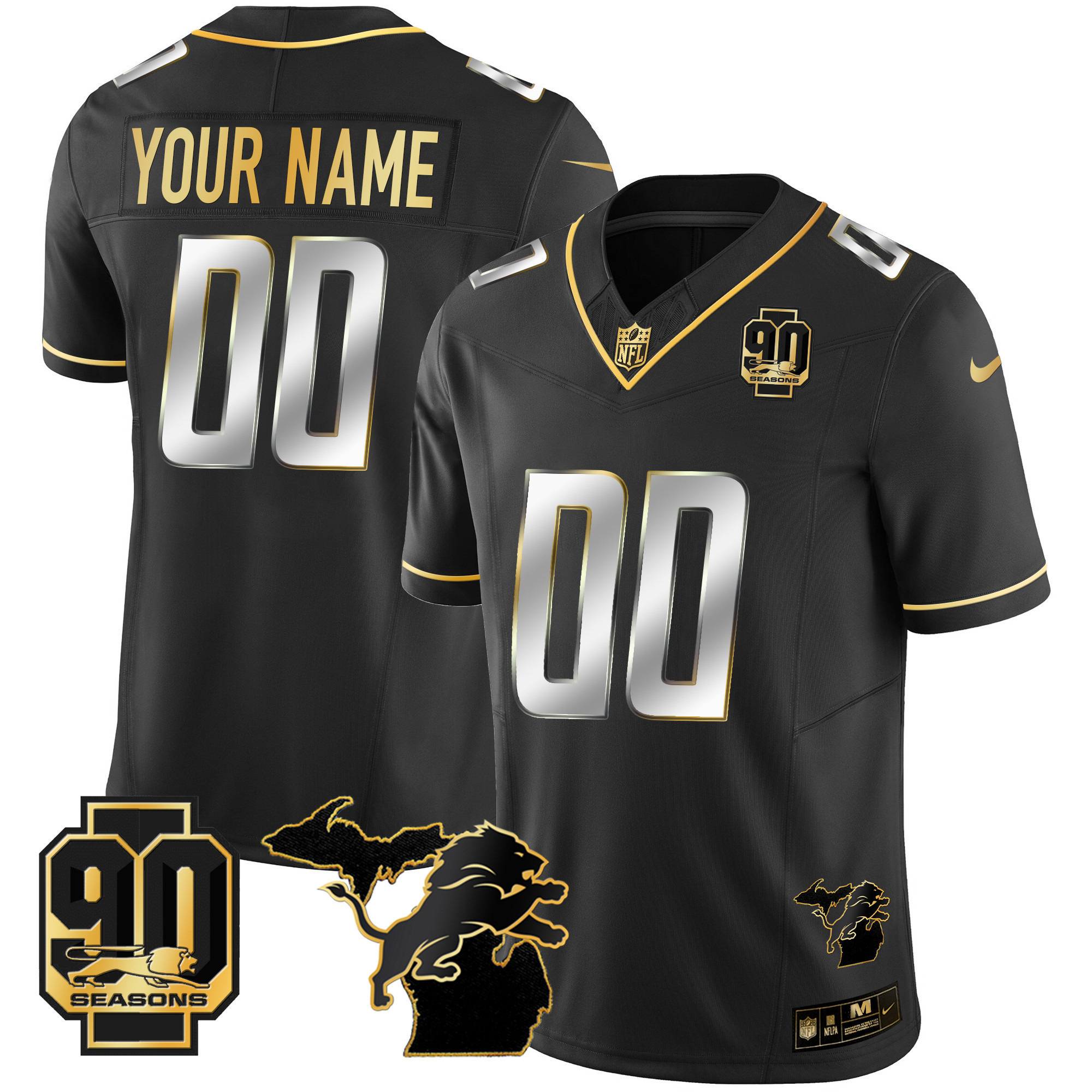 Men's Detroit Lions 90th Year & Michigan Patch Gold Vapor Custom Black Limited Jersey - All Stitched