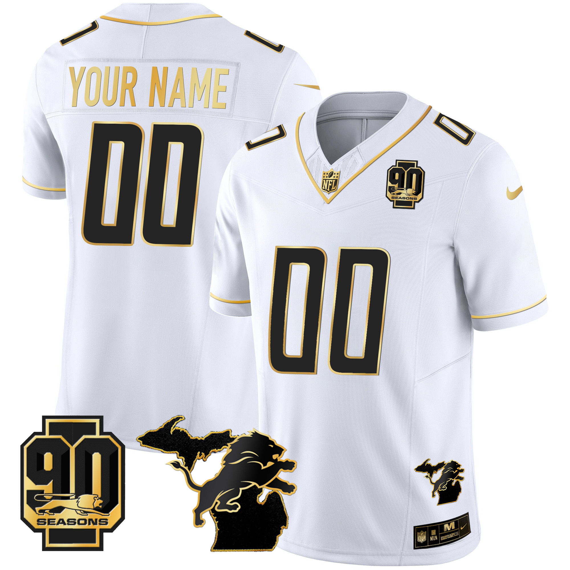 Men's Detroit Lions 90th Year & Michigan Patch Gold Vapor Custom White Gold Jersey - All Stitched
