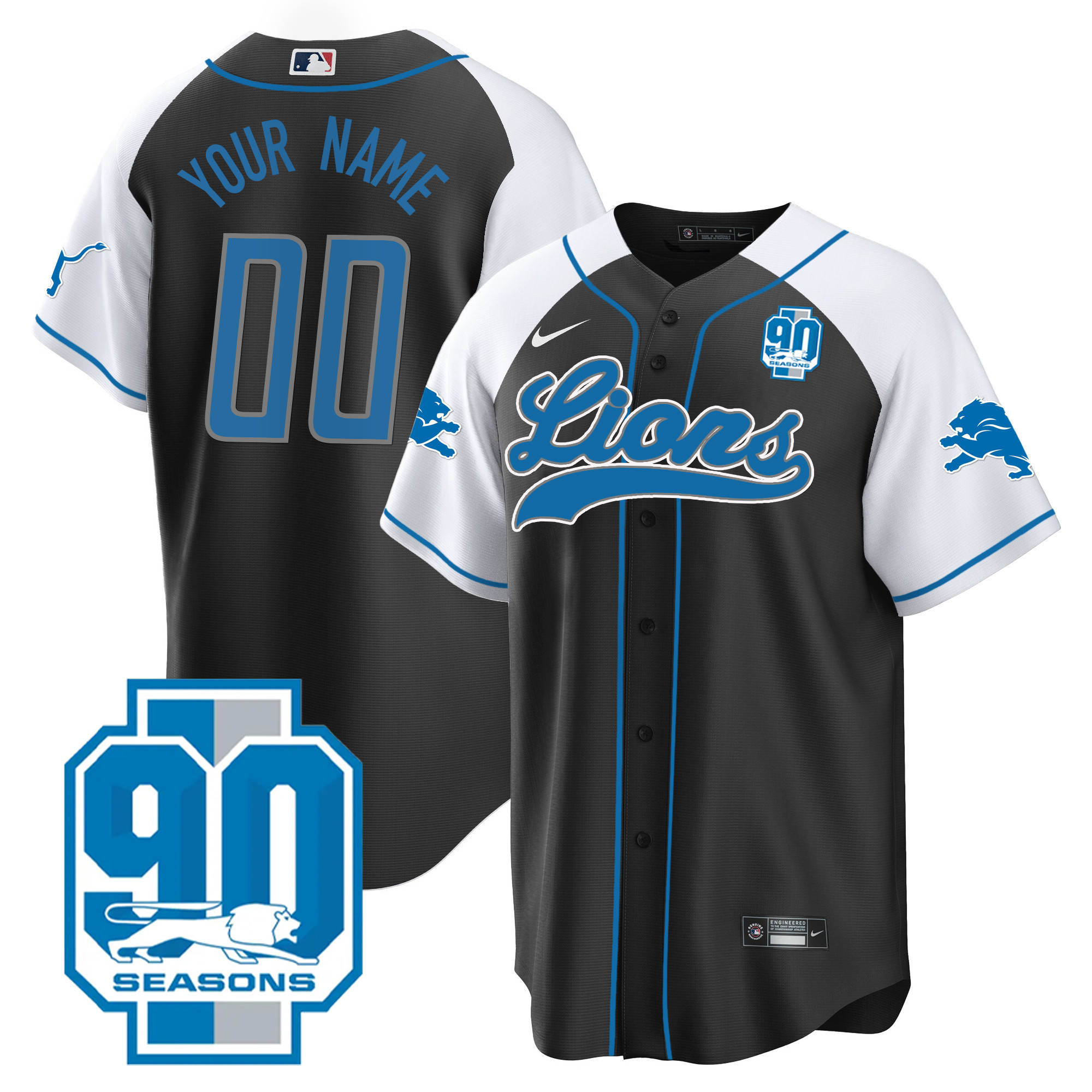 Men's Detroit Lions 90th Year Patch Baseball Custom Black Alternate Jersey - All Stitched