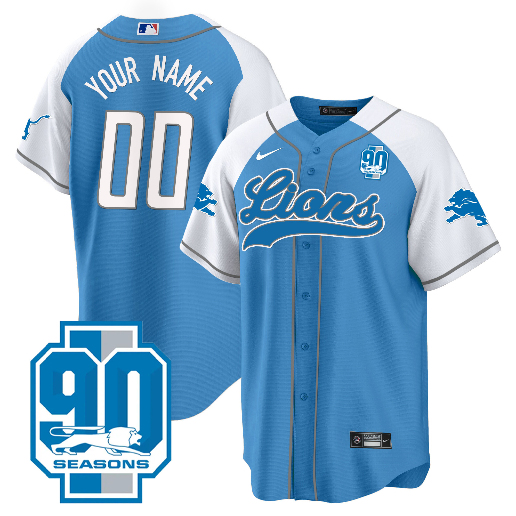 Men's Detroit Lions 90th Year Patch Baseball Custom Blue Alternate Jersey - All Stitched