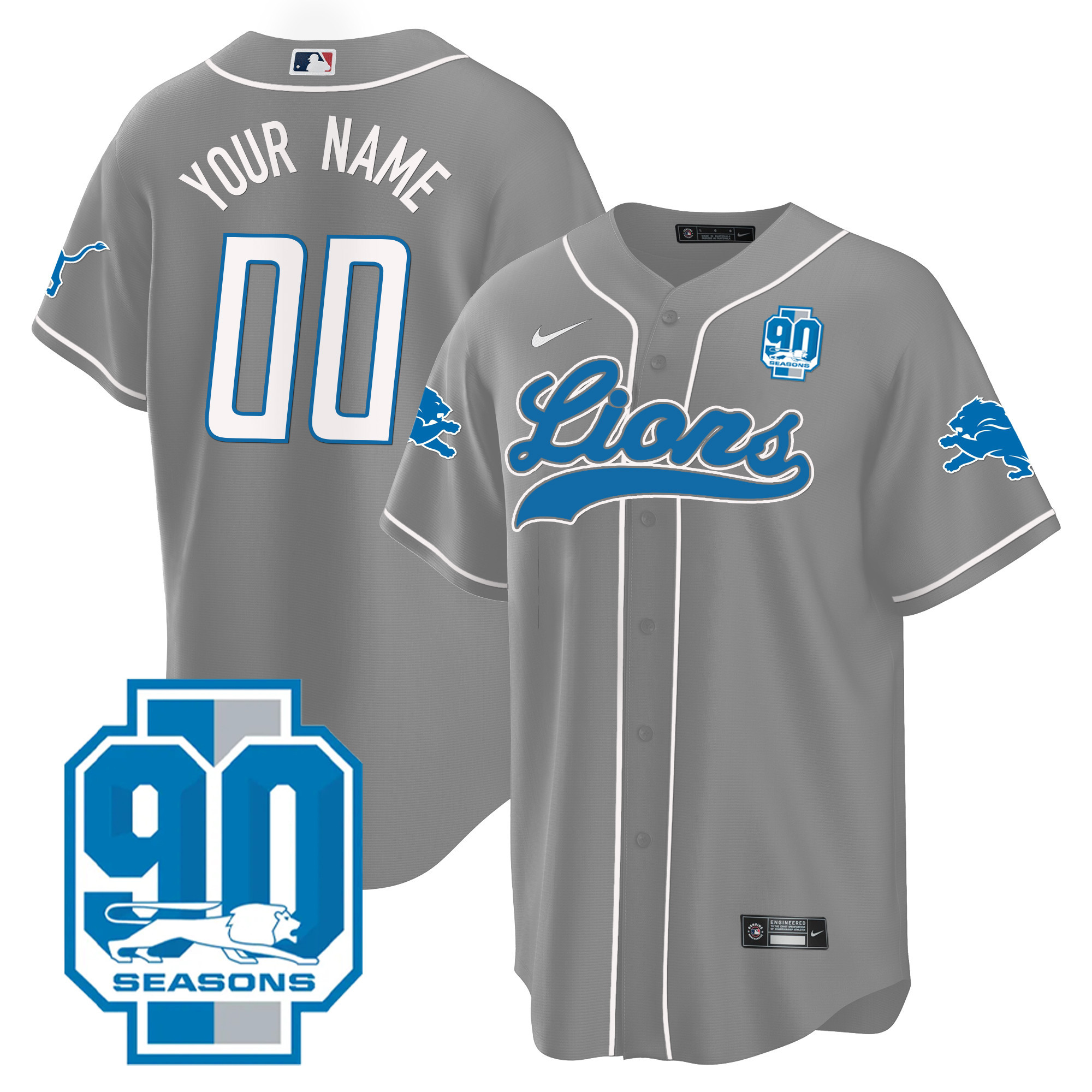 Men's Detroit Lions 90th Year Patch Baseball Custom Gray Jersey - All Stitched