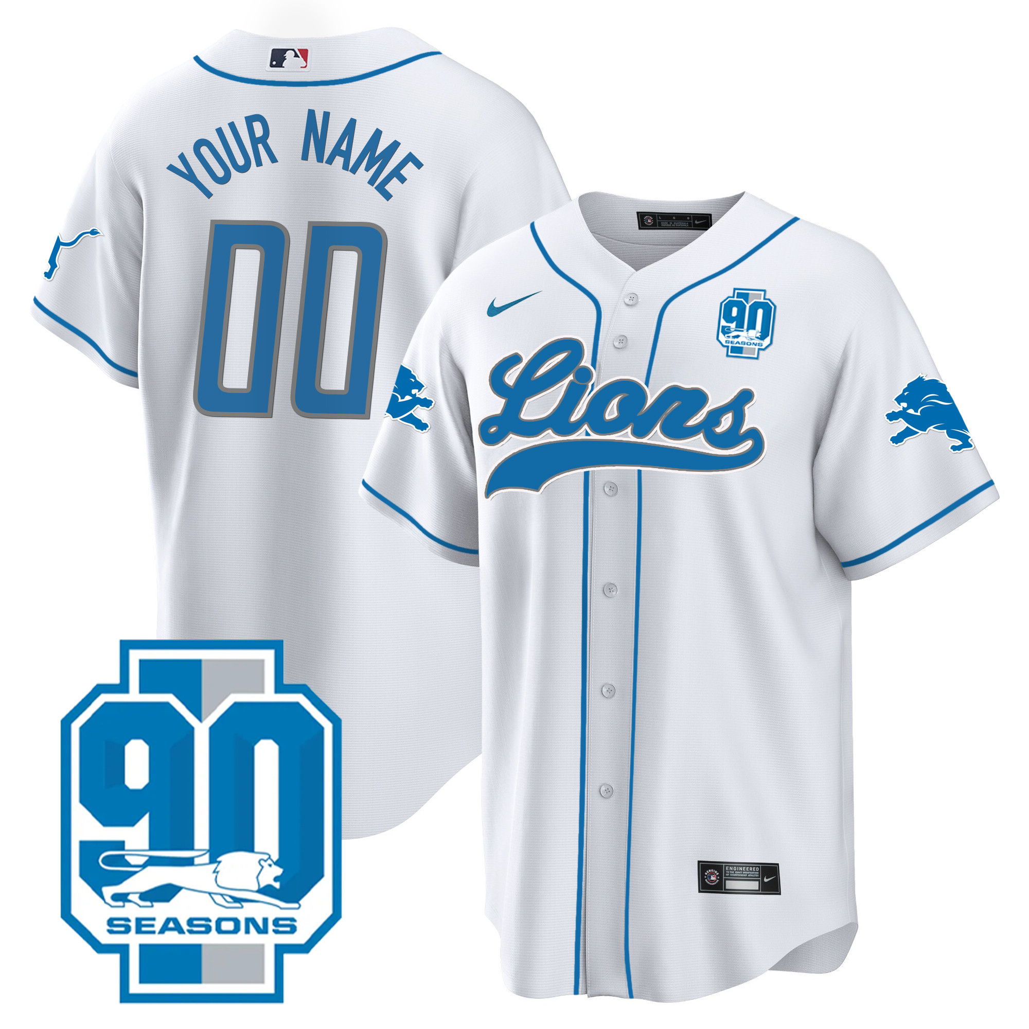 Men's Detroit Lions 90th Year Patch Baseball Custom White Jersey - All Stitched