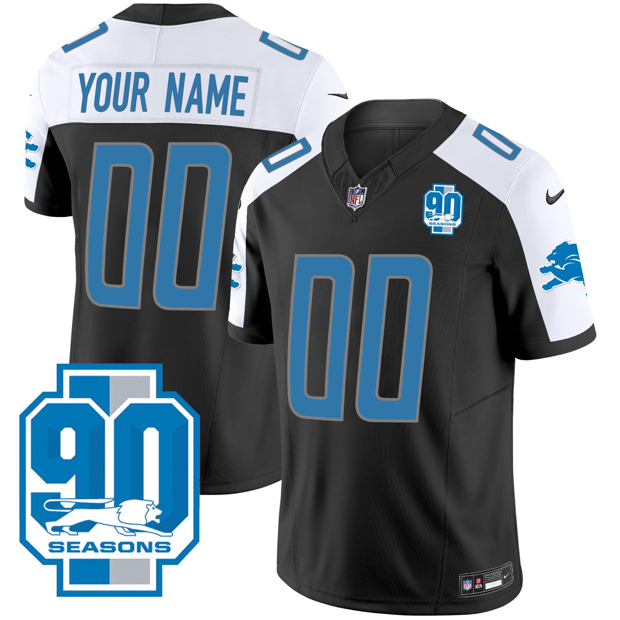 Men's Detroit Lions 90th Year Patch Custom Black Alternate Jersey - All Stitched