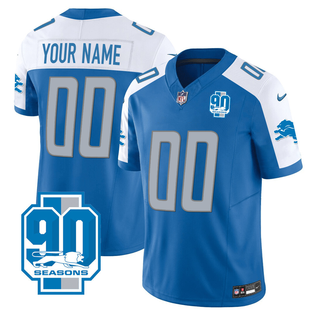 Men's Detroit Lions 90th Year Patch Custom Blue Alternate Jersey - All Stitched