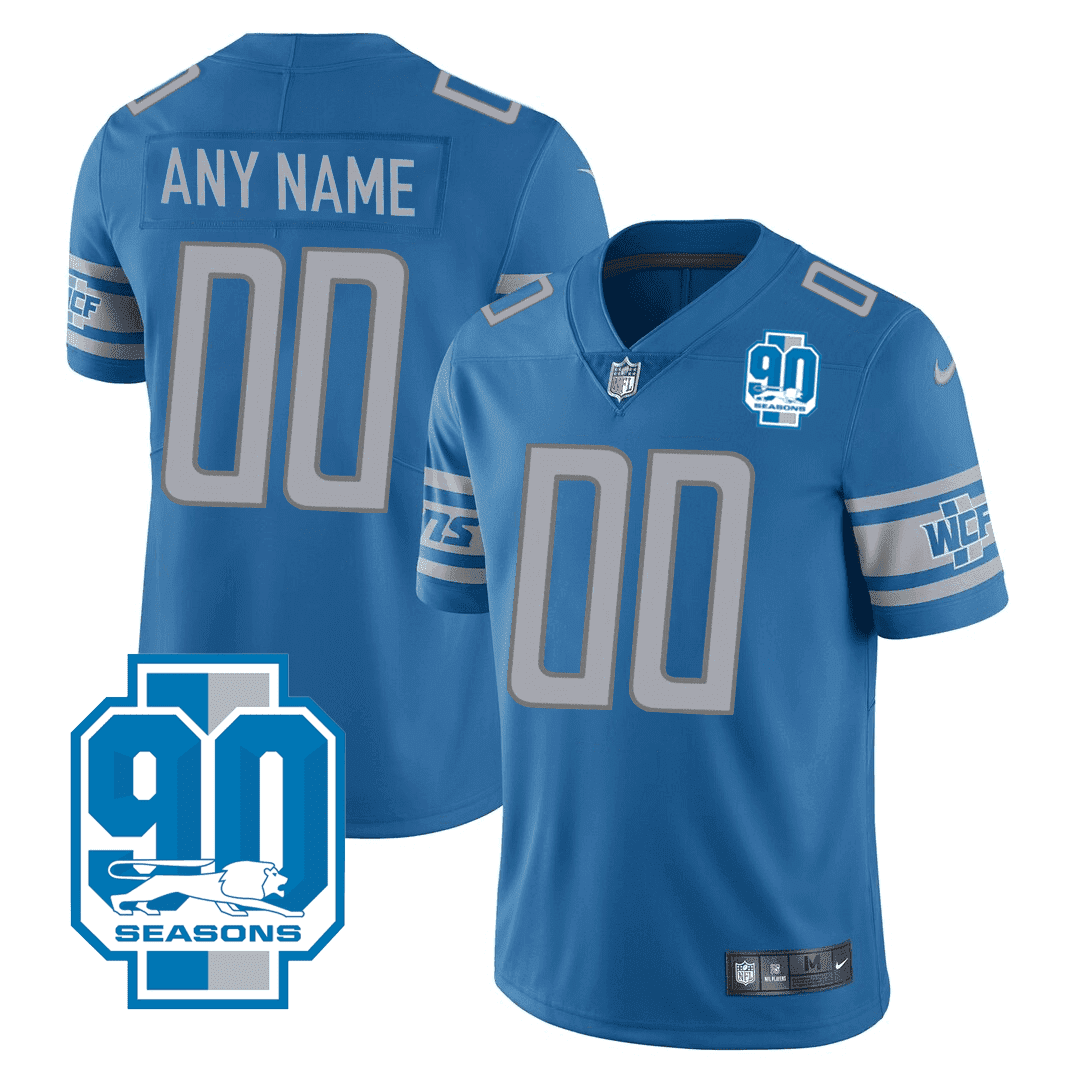 Men's Detroit Lions 90th Year Patch Custom Blue Jersey - All Stitched