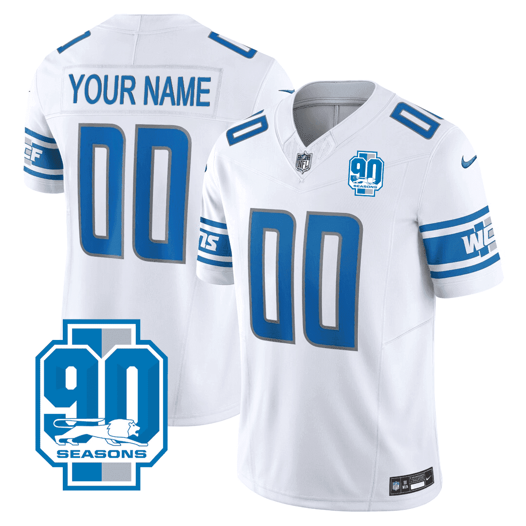 Men's Detroit Lions 90th Year Patch Custom White Jersey - All Stitched