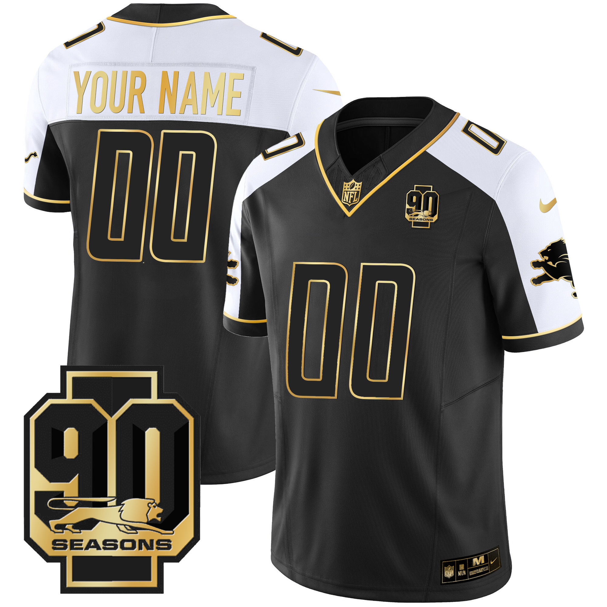 Men's Detroit Lions 90th Year Patch Gold Custom Alternate Jersey - All Stitched