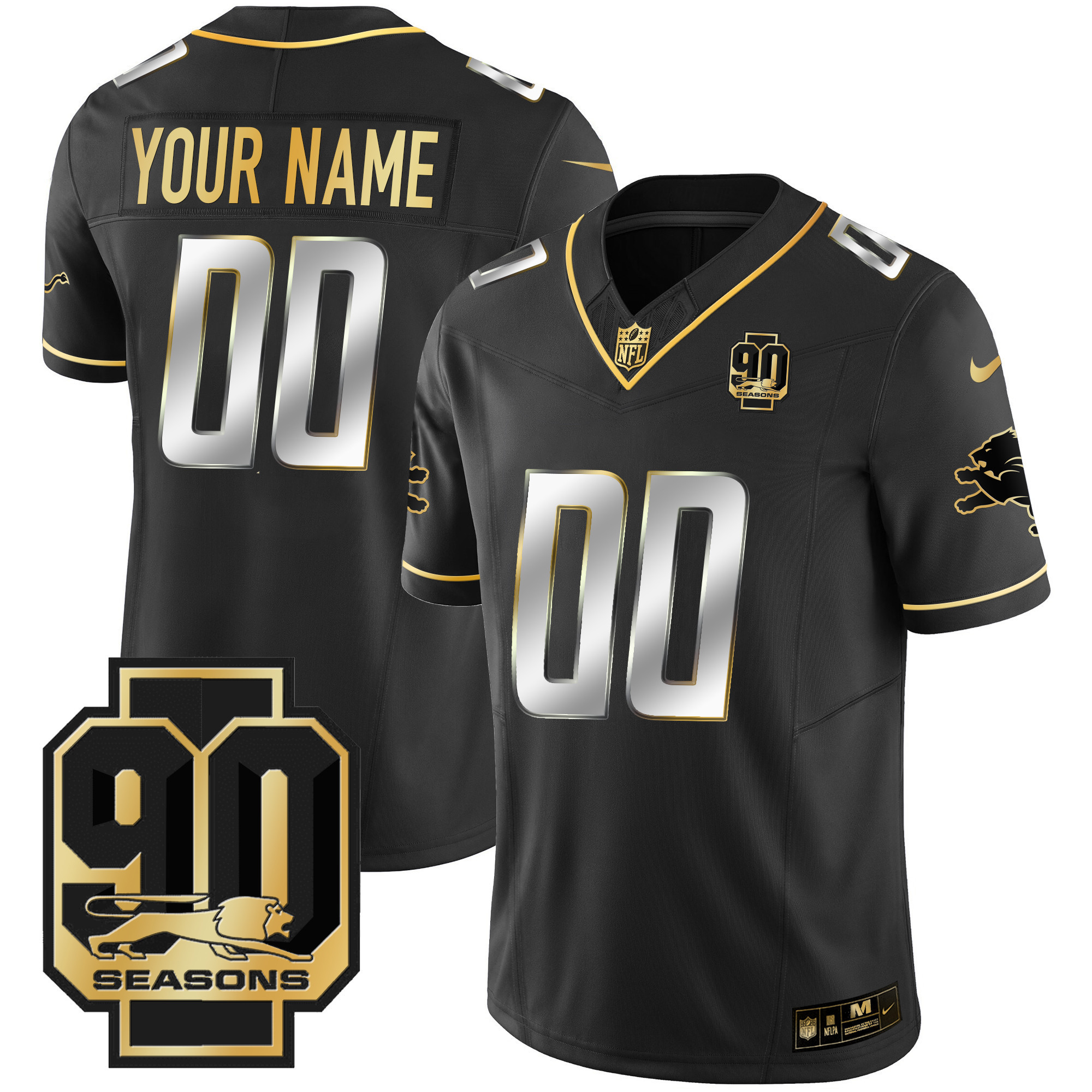 Men's Detroit Lions 90th Year Patch Gold Custom Black Limited Jersey - All Stitched