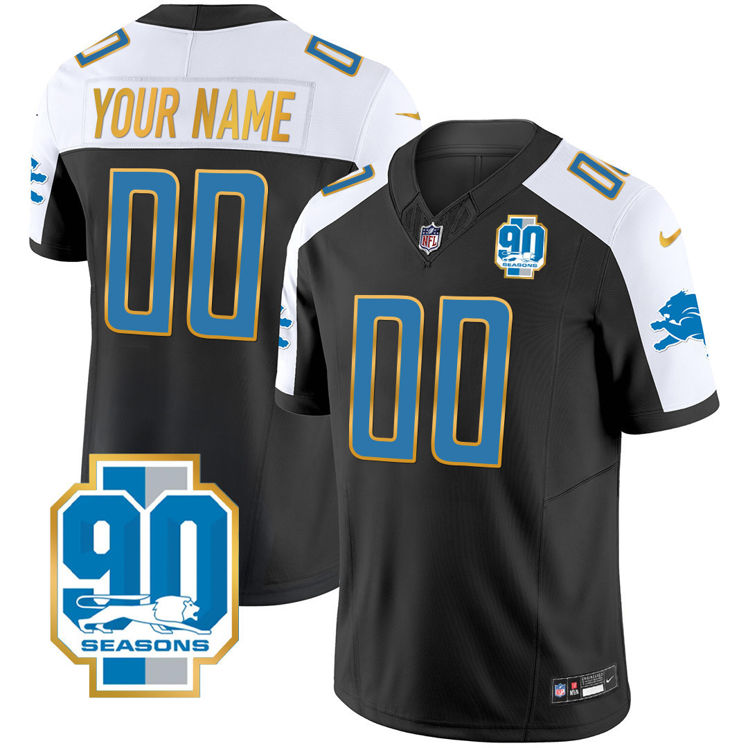 Men's Detroit Lions 90th Year Patch Gold Trim Custom Black Alternate Jersey - All Stitched