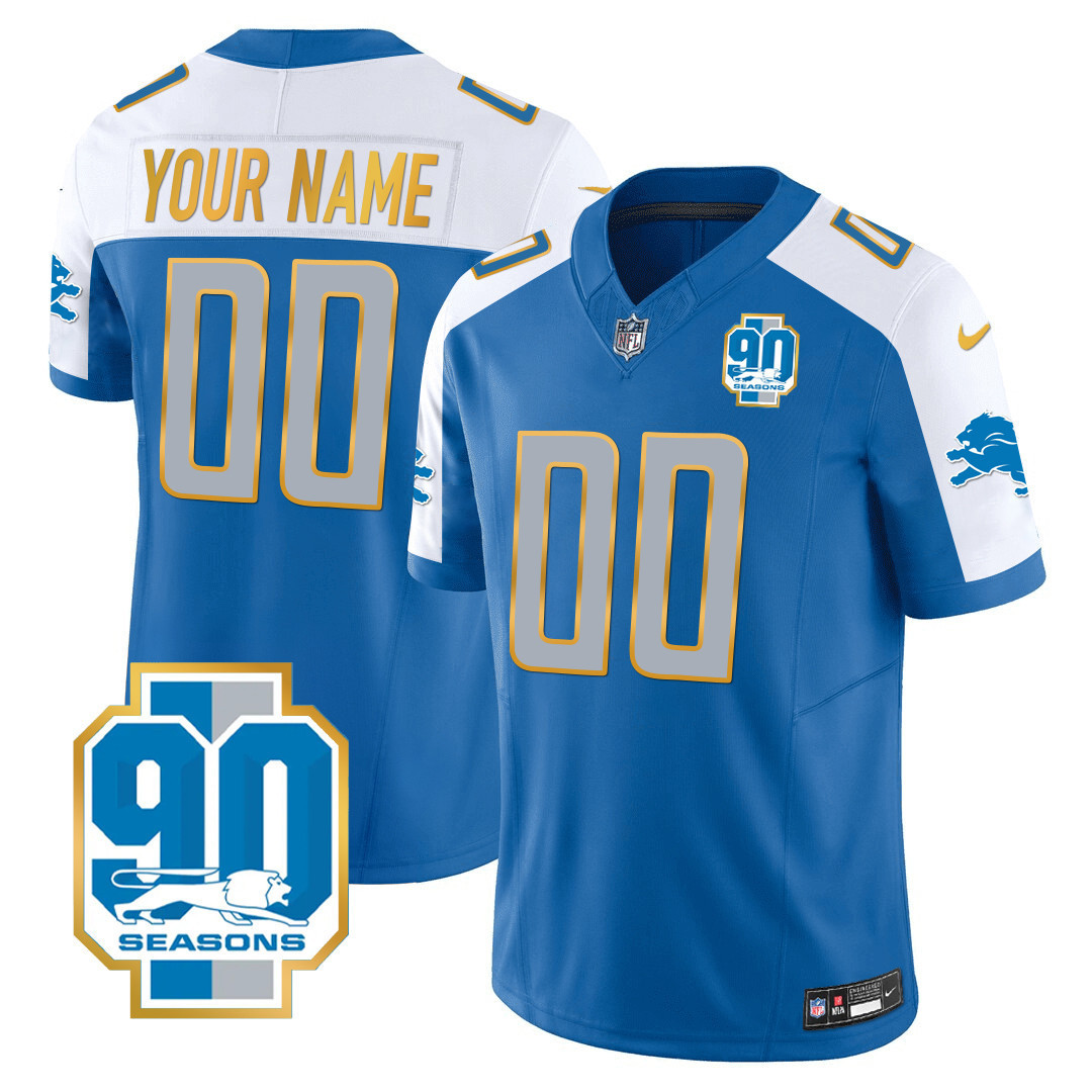 Men's Detroit Lions 90th Year Patch Gold Trim Custom Blue Alternate Jersey - All Stitched